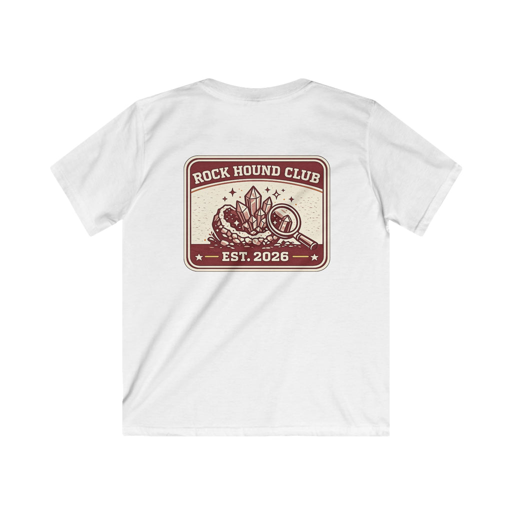 Rock Hound Club Kids T-Shirt 'Est. 2026' Gemstone & Magnifying Glass Design for Boys & Girls