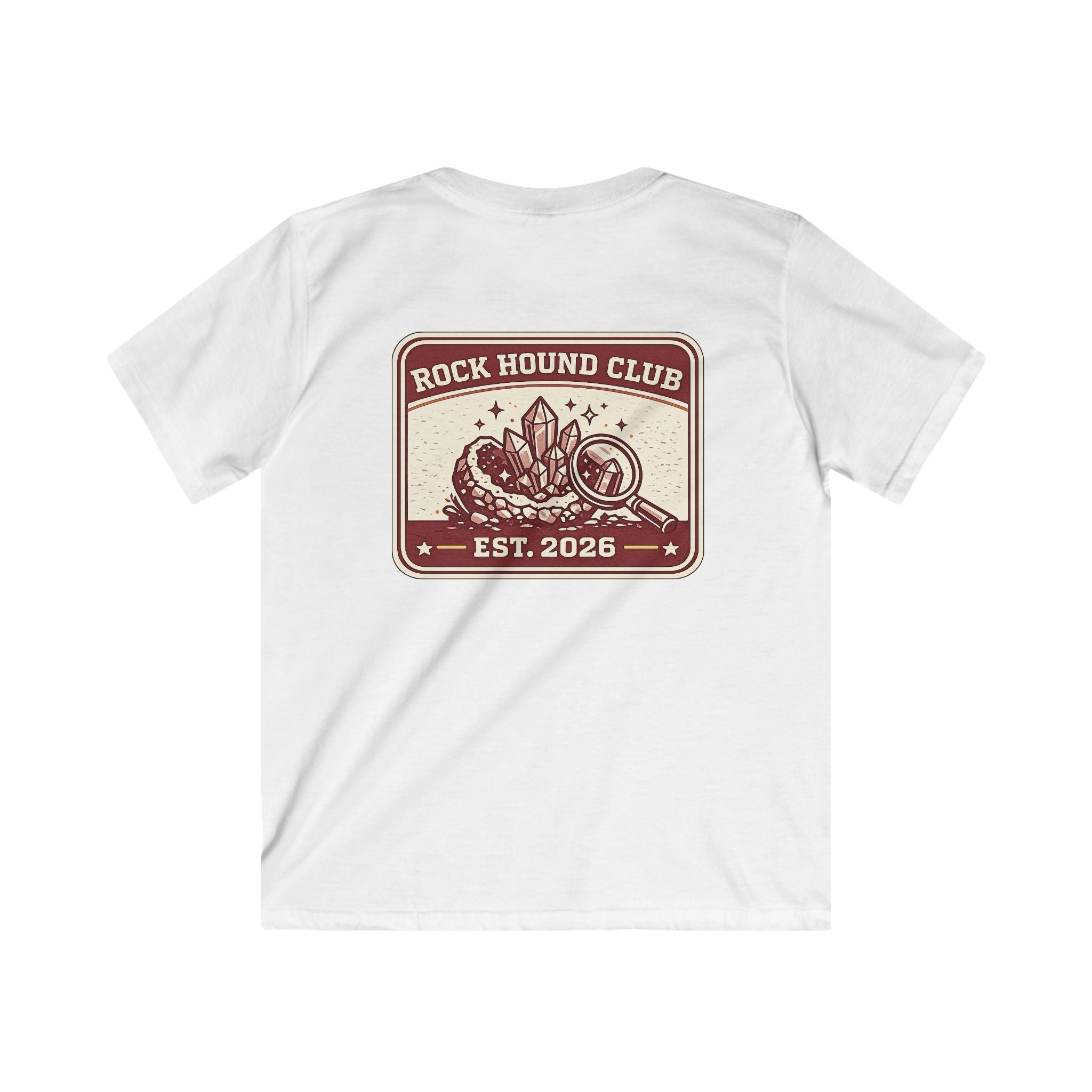 Rock Hound Club Kids T-Shirt 'Est. 2026' Gemstone & Magnifying Glass Design for Boys & Girls