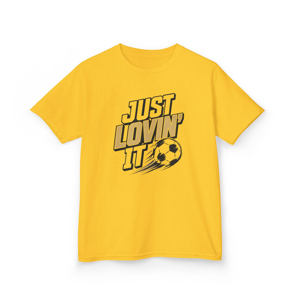 Just Lovin' It Soccer T-Shirt Design | Bold Sports Typography Graphic | Kids Soccer Lover Tee | Soccer Ball SVG Style Graphic