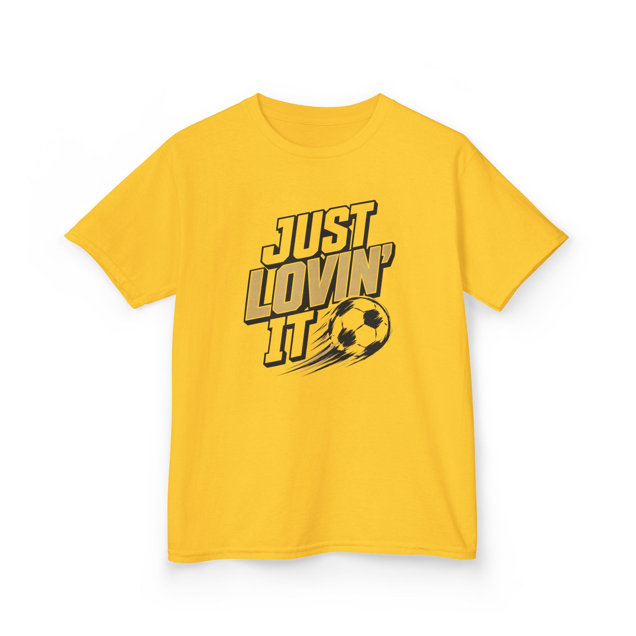 Just Lovin' It Soccer T-Shirt Design | Bold Sports Typography Graphic | Kids Soccer Lover Tee | Soccer Ball SVG Style Graphic