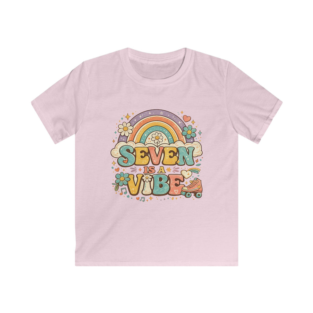 Kids Tee "Seven Is A Vibe" Retro Rainbow Roller Skate Birthday Shirt