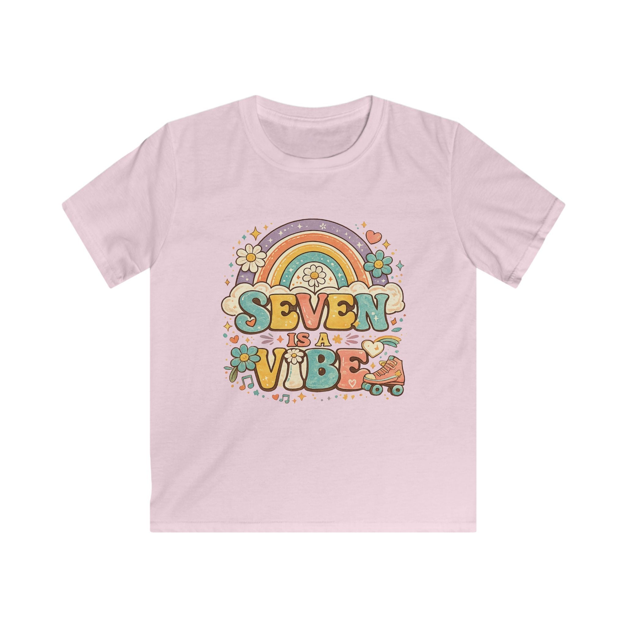 Kids Tee "Seven Is A Vibe" Retro Rainbow Roller Skate Birthday Shirt