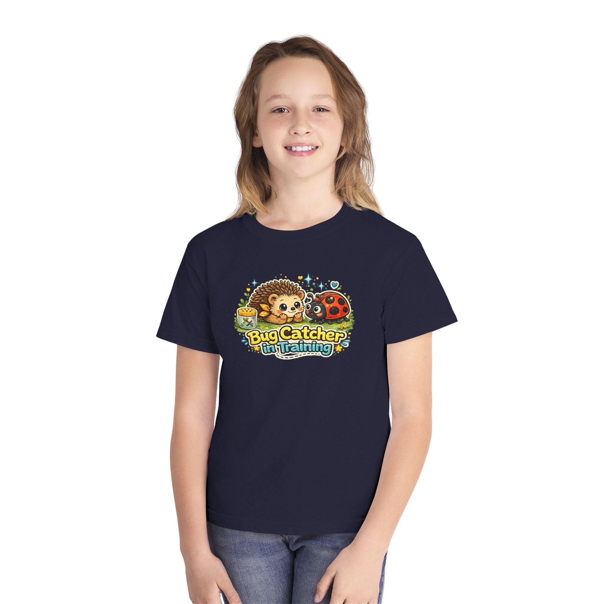 Youth Tee "Bug Catcher in Training" Cute Hedgehog & Ladybug Kids T-Shirt Girls & Boys
