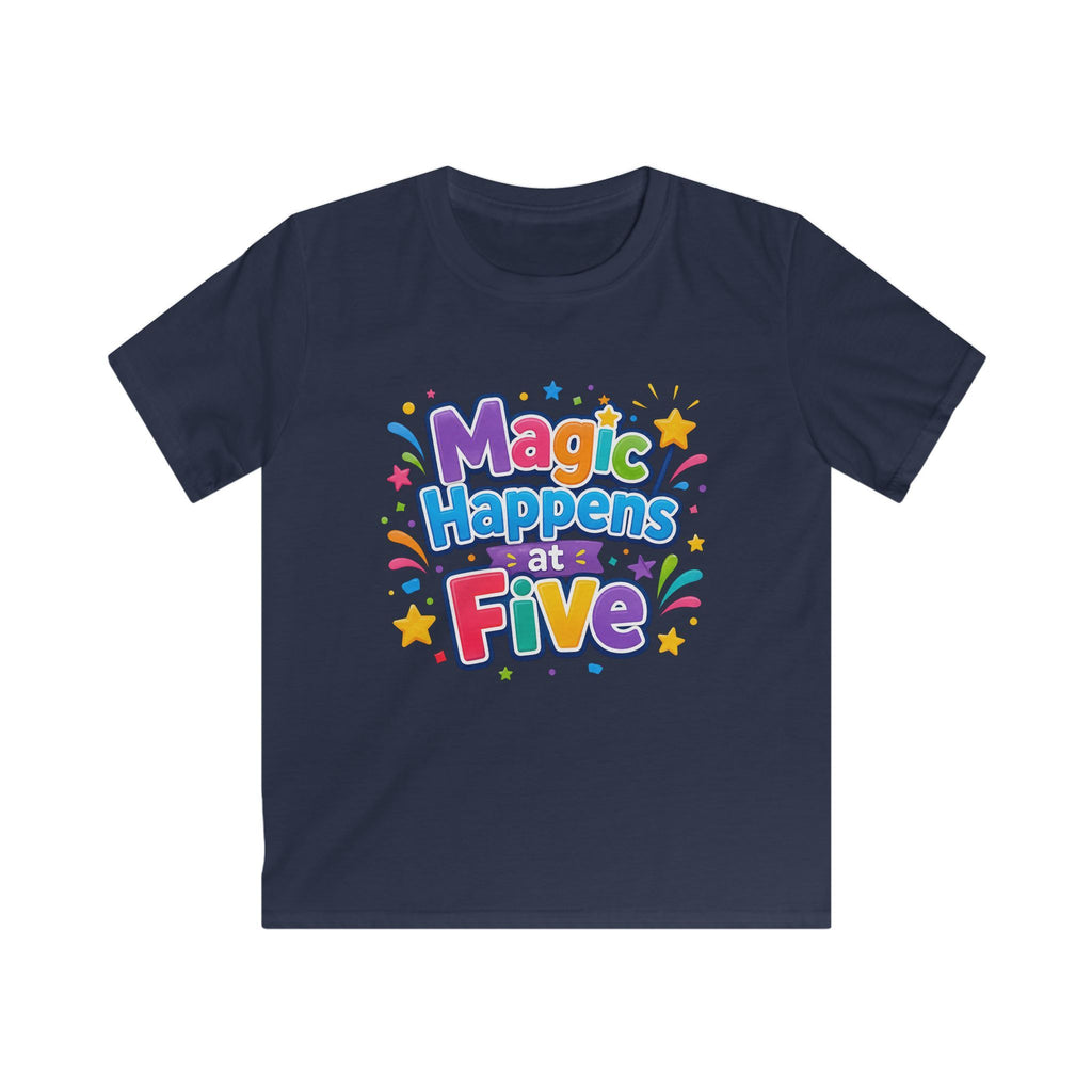 Kids Tee "Magic Happens at Five" Colorful Birthday Shirt