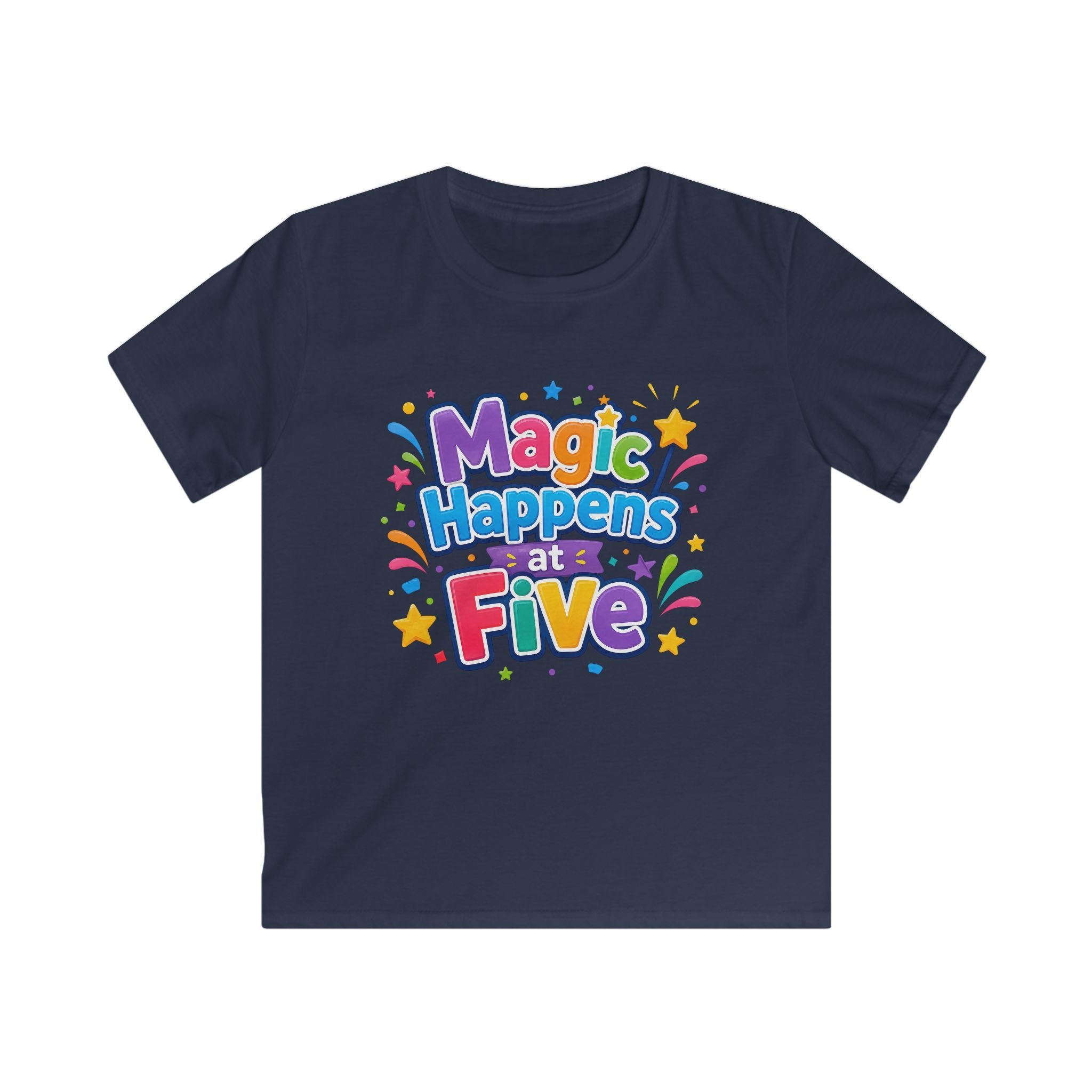 Kids Tee "Magic Happens at Five" Colorful Birthday Shirt