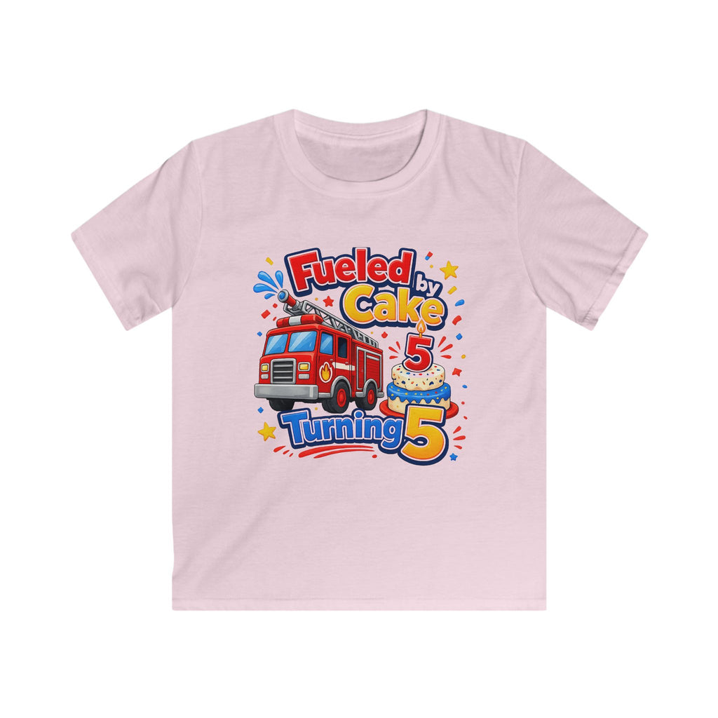 Kids Birthday T‑Shirt 'Fueled by Cake Turning 5' Fire Truck Tee