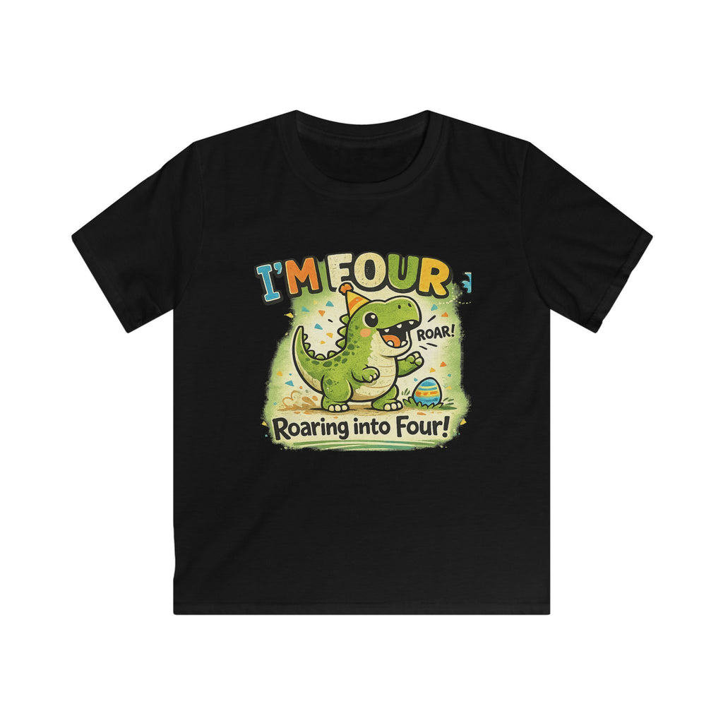 Kids Tee "I’m Four" Roaring Dinosaur Birthday Shirt
