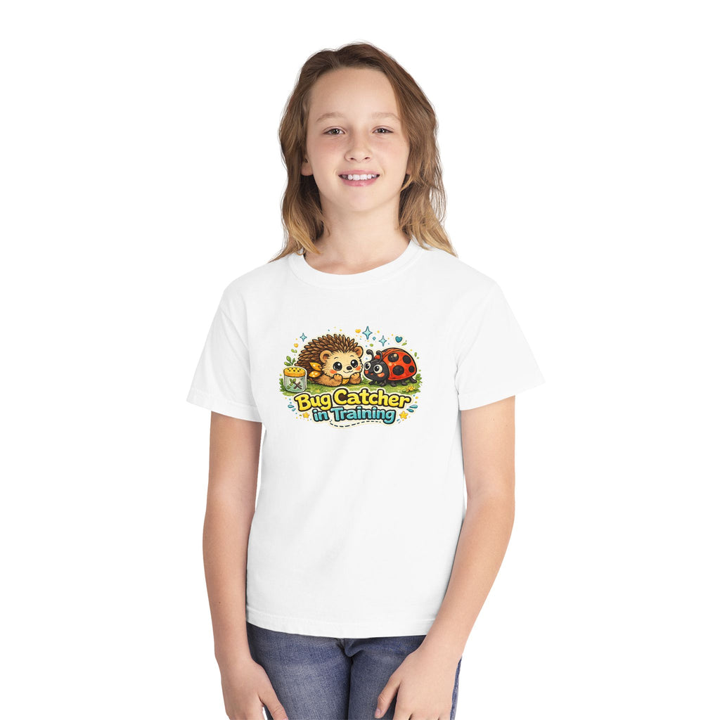 Youth Tee "Bug Catcher in Training" Cute Hedgehog & Ladybug Kids T-Shirt Girls & Boys