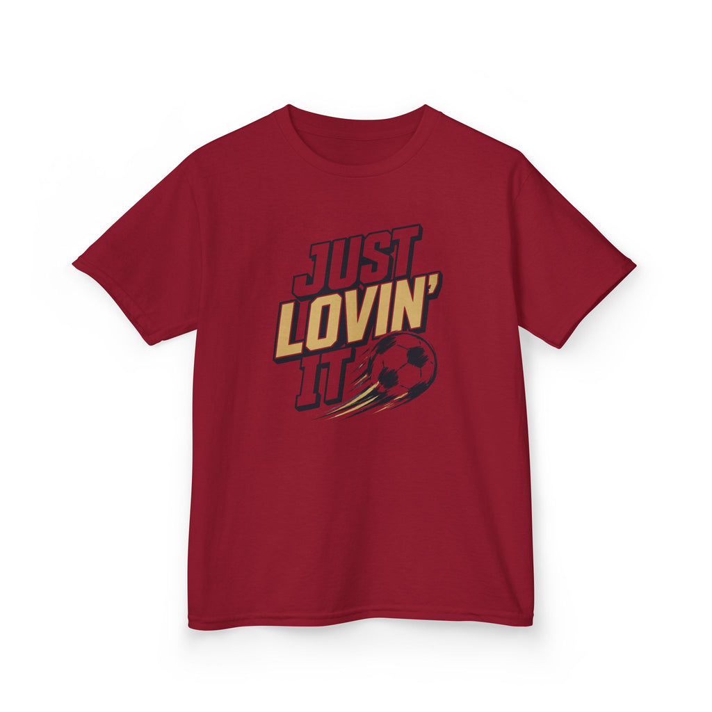 Just Lovin' It Soccer T-Shirt Design | Bold Sports Typography Graphic | Kids Soccer Lover Tee | Soccer Ball SVG Style Graphic