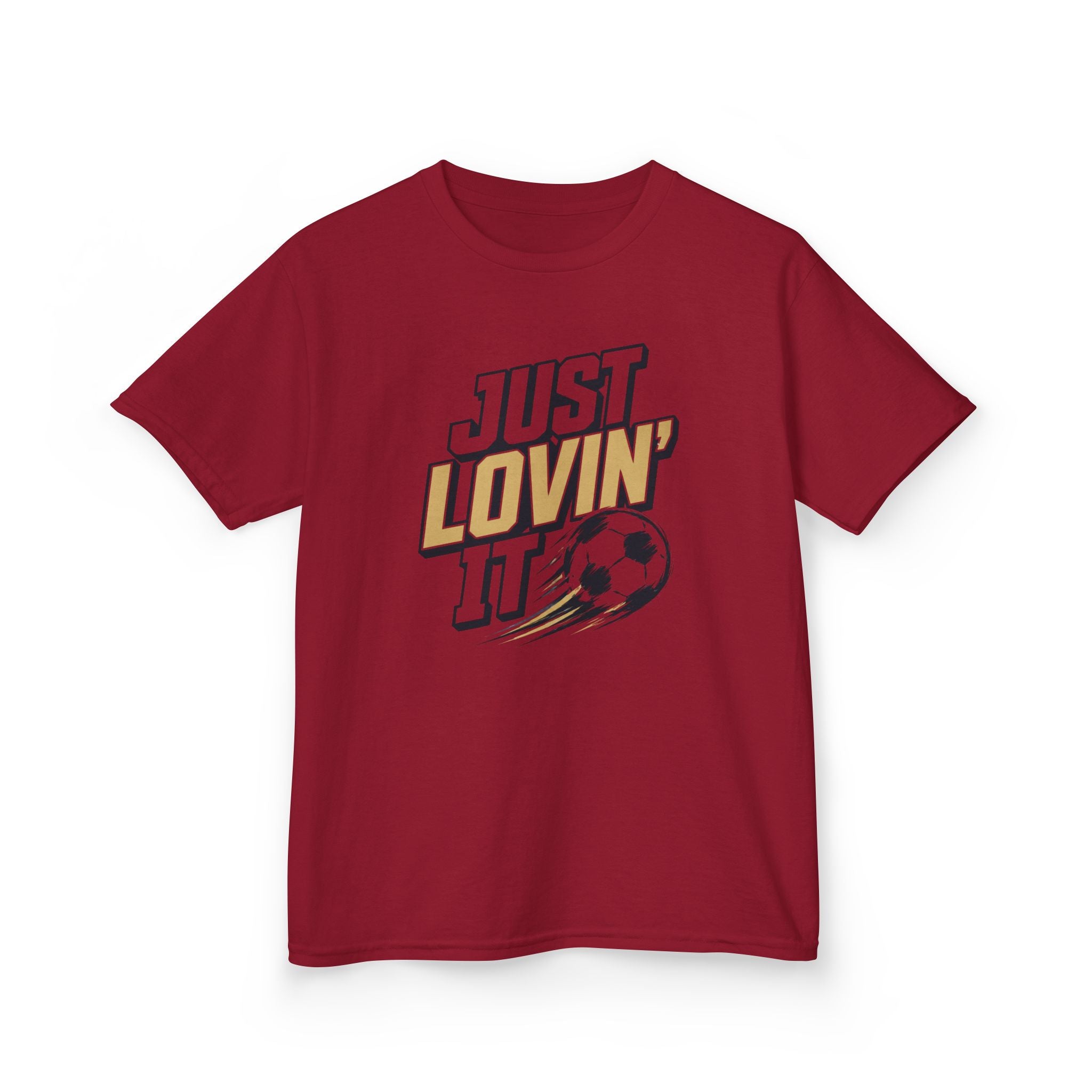 Just Lovin' It Soccer T-Shirt Design | Bold Sports Typography Graphic | Kids Soccer Lover Tee | Soccer Ball SVG Style Graphic