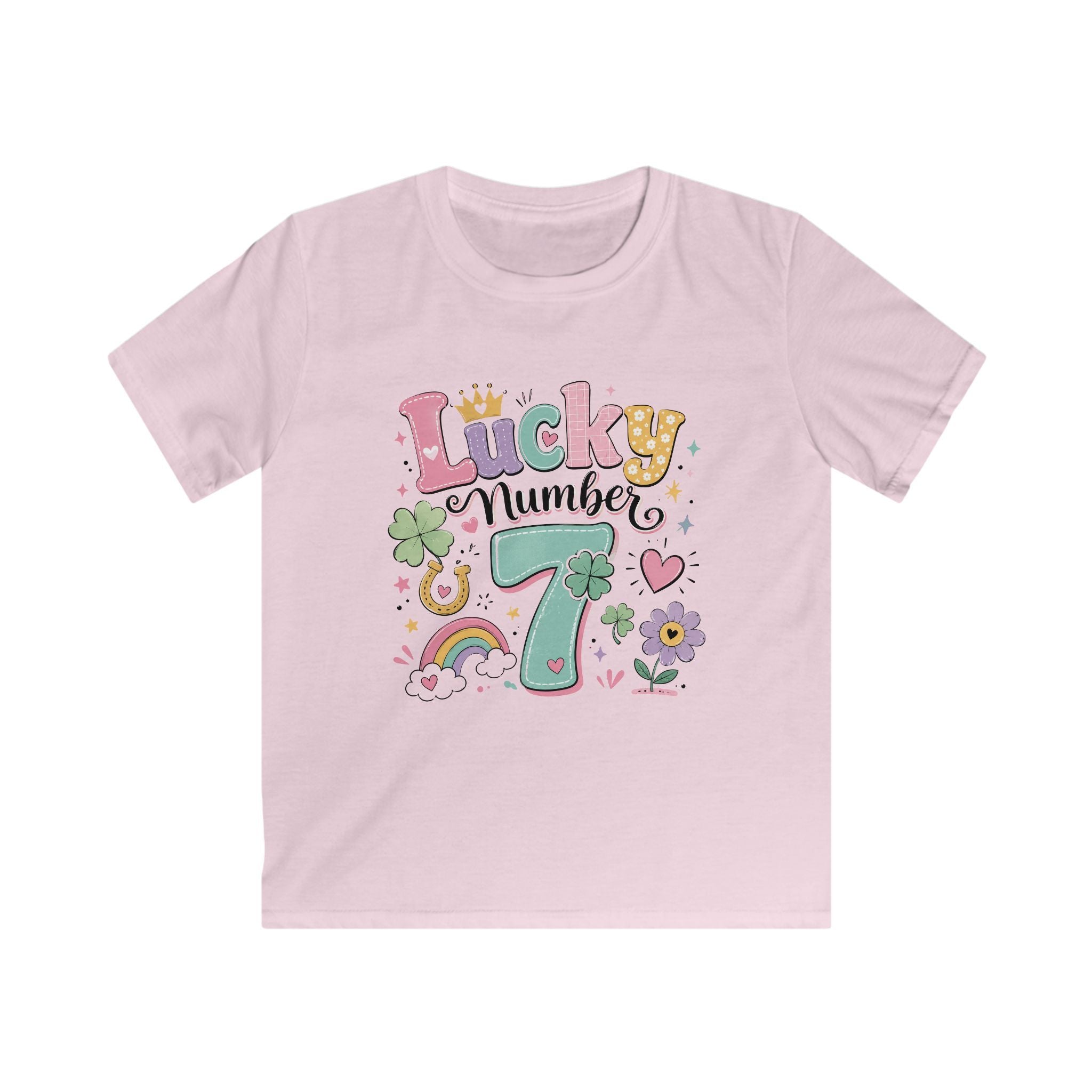 Girls "Lucky Number 7" T-Shirt Cute St. Patrick's Day Rainbow & Clover Tee