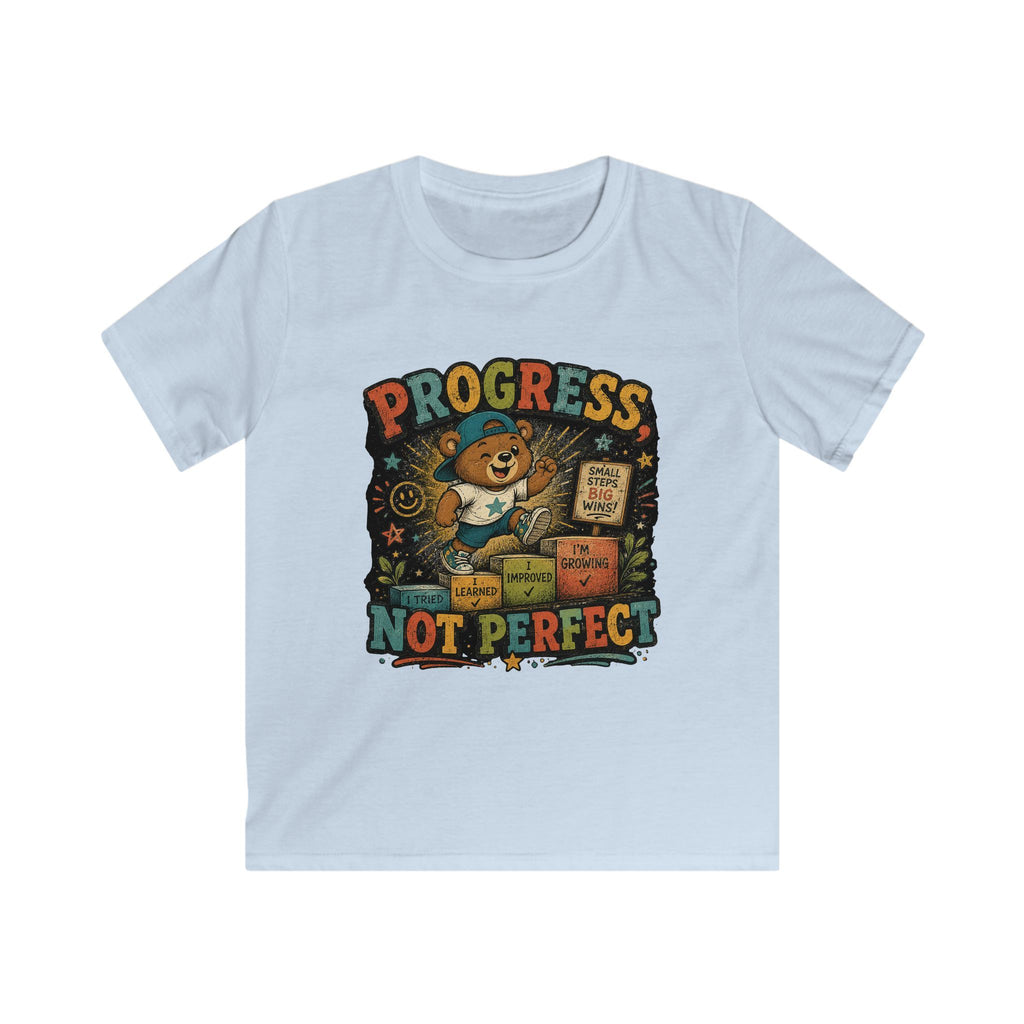 Kids Tee "Progress Not Perfect" Motivational Bear Shirt