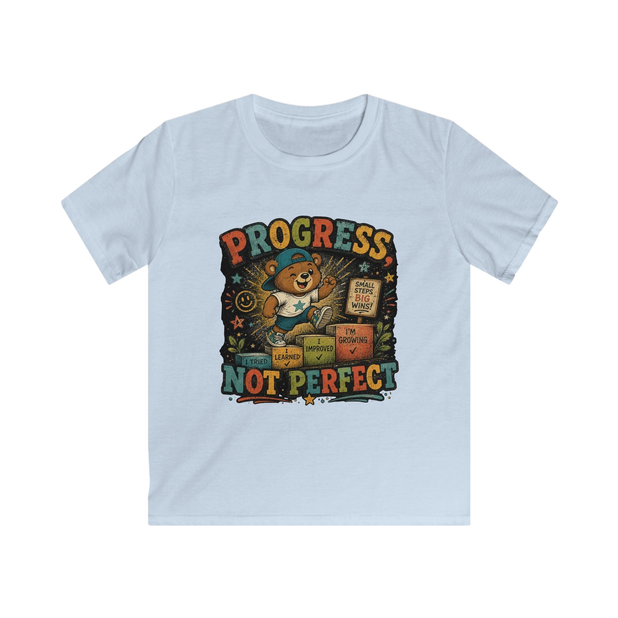 Kids Tee "Progress Not Perfect" Motivational Bear Shirt