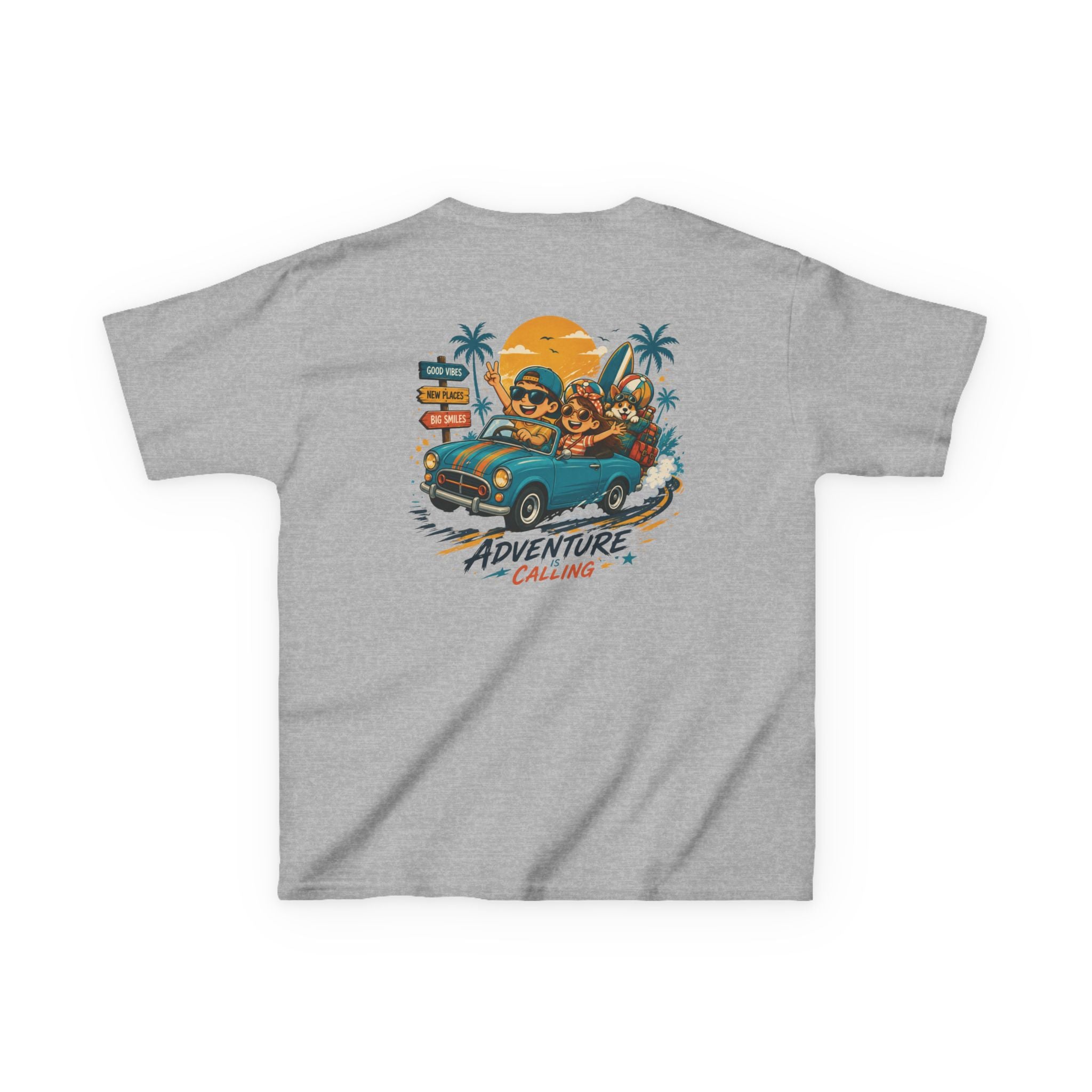 Boys Tee "Adventure Calling" Vintage Tropical Car & Sunset Graphic