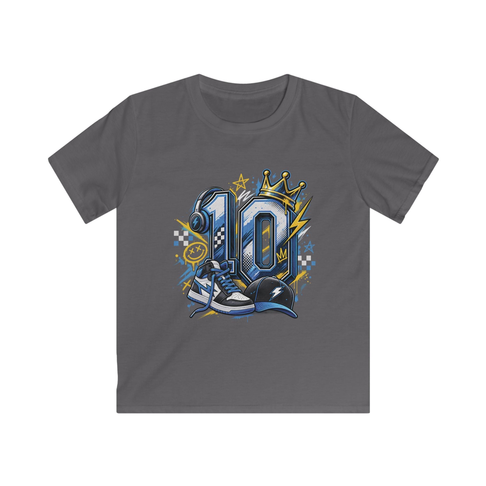 Kids 10th Birthday Racing Tee - Number 10 Crown & Sneakers Graphic