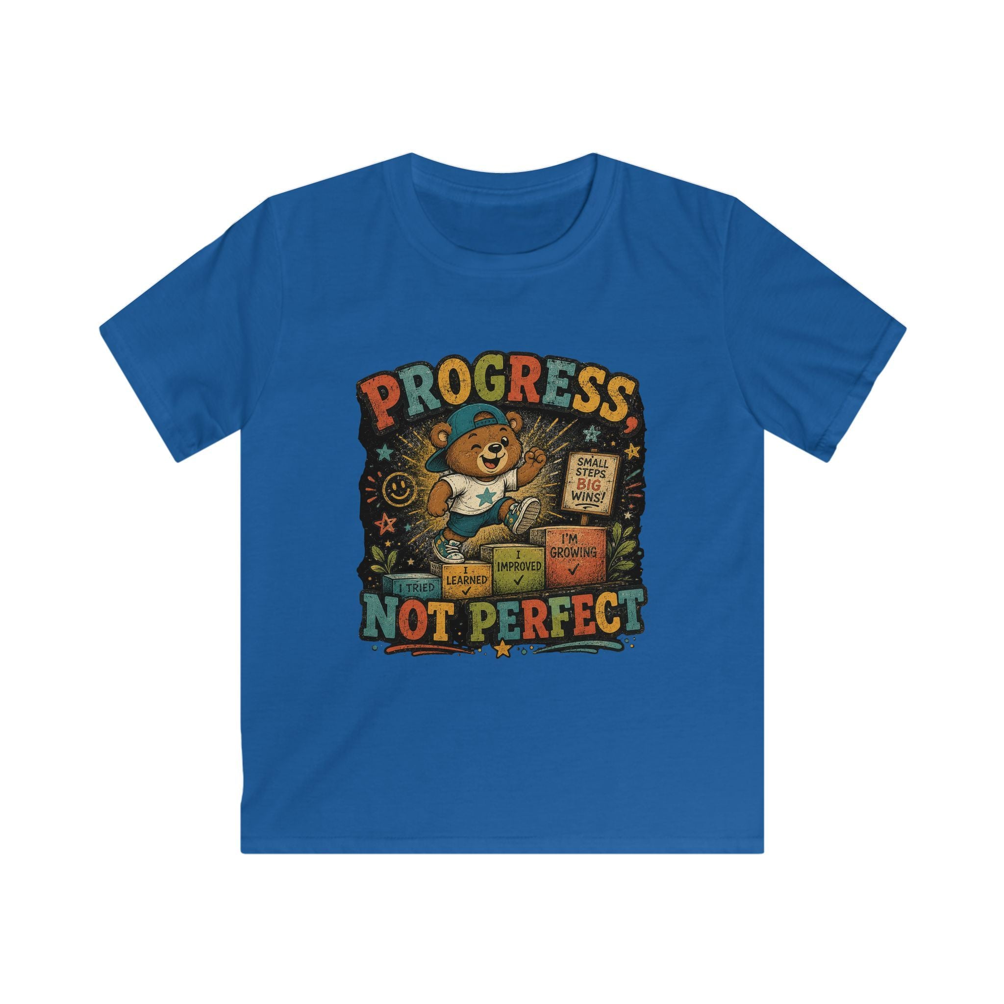 Kids Tee "Progress Not Perfect" Motivational Bear Shirt