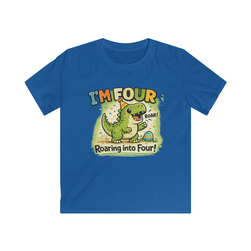 Kids Tee "I’m Four" Roaring Dinosaur Birthday Shirt
