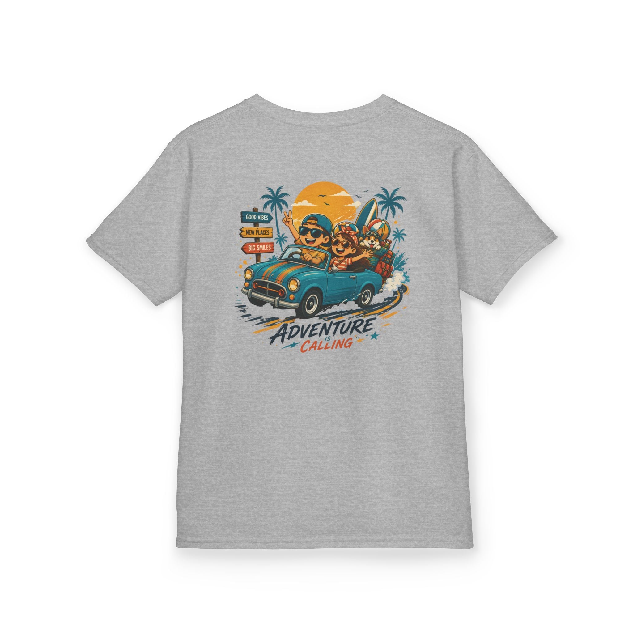 Boys Tee "Adventure Calling" Vintage Tropical Car & Sunset Graphic
