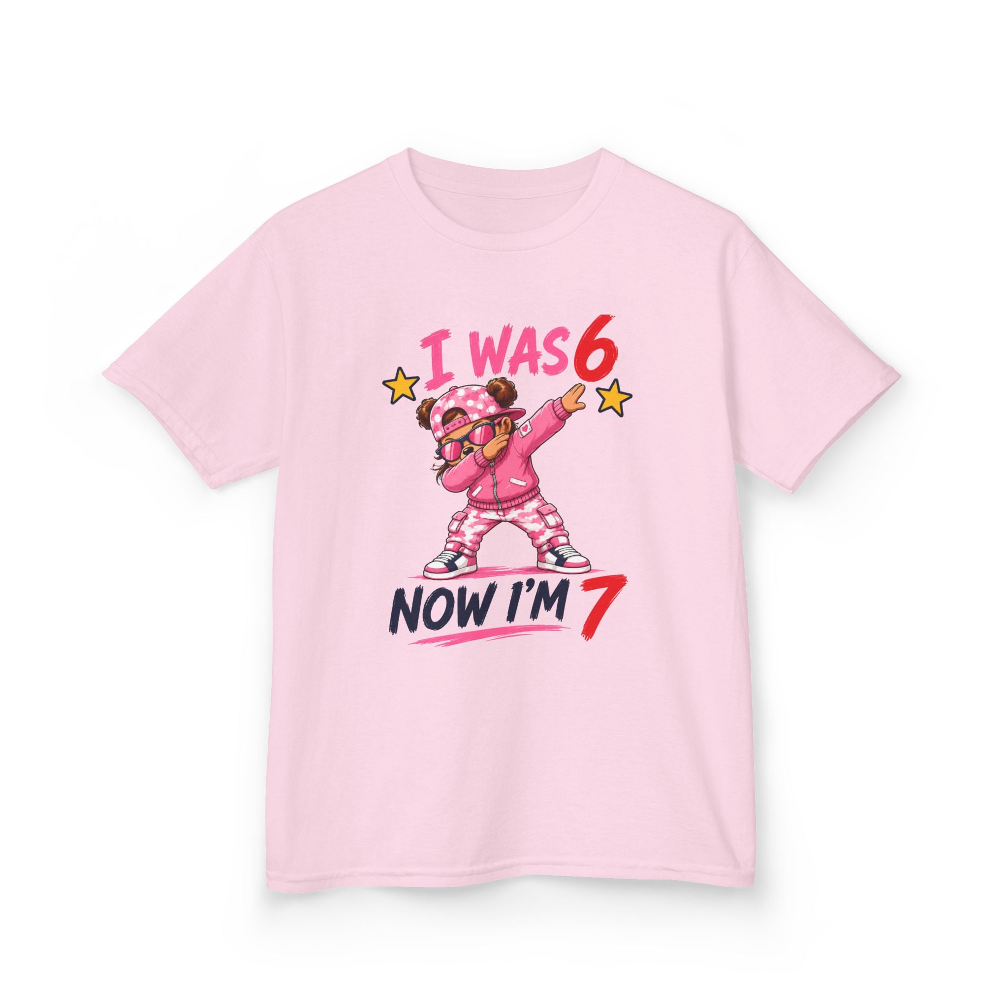 Kids Birthday T‑Shirt “I Was 6 Now I’m 7” Dab Dance Cute Pink