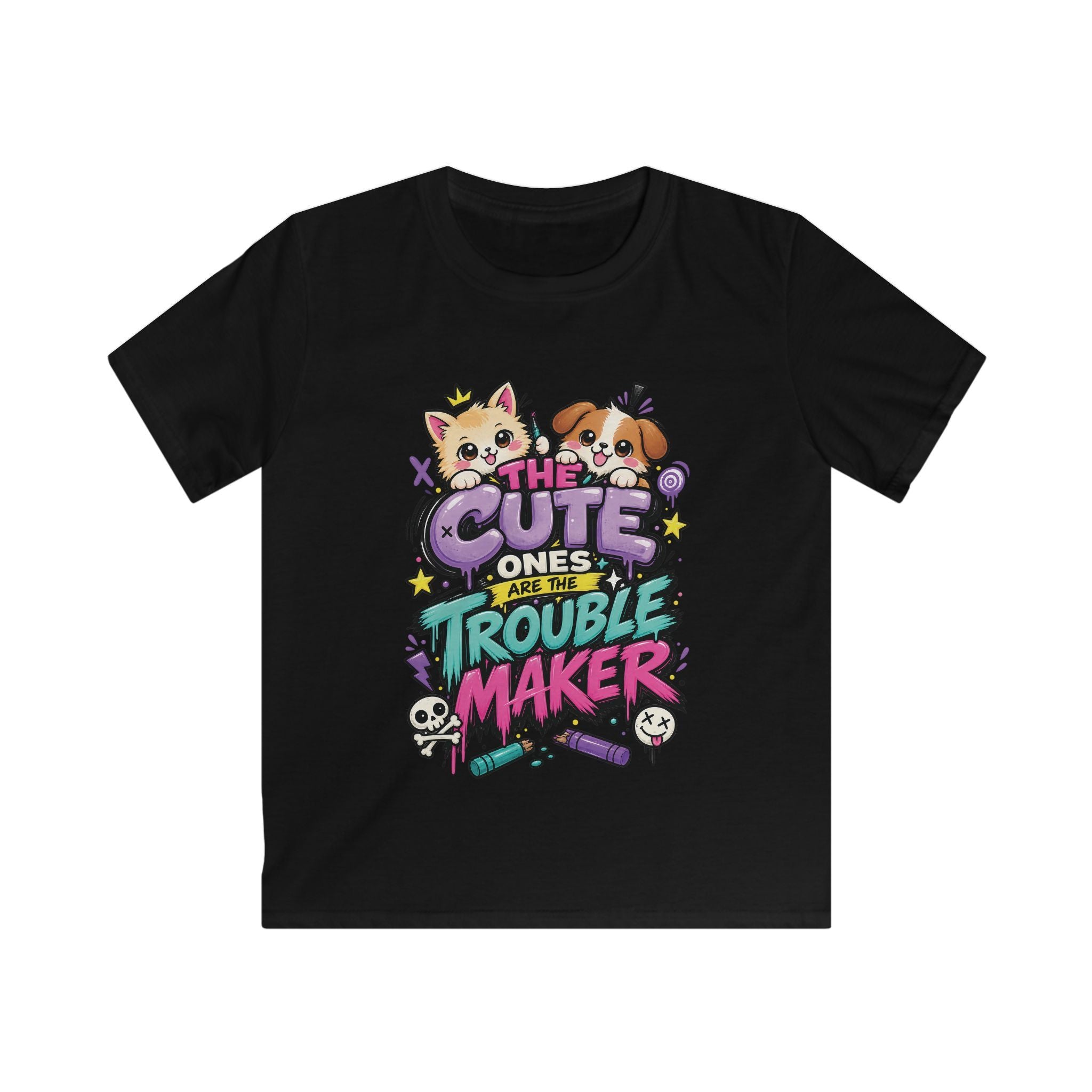 Cute Puppy & Kitten "The Cute Ones Are The Trouble Maker" Graphic Girls T-Shirt