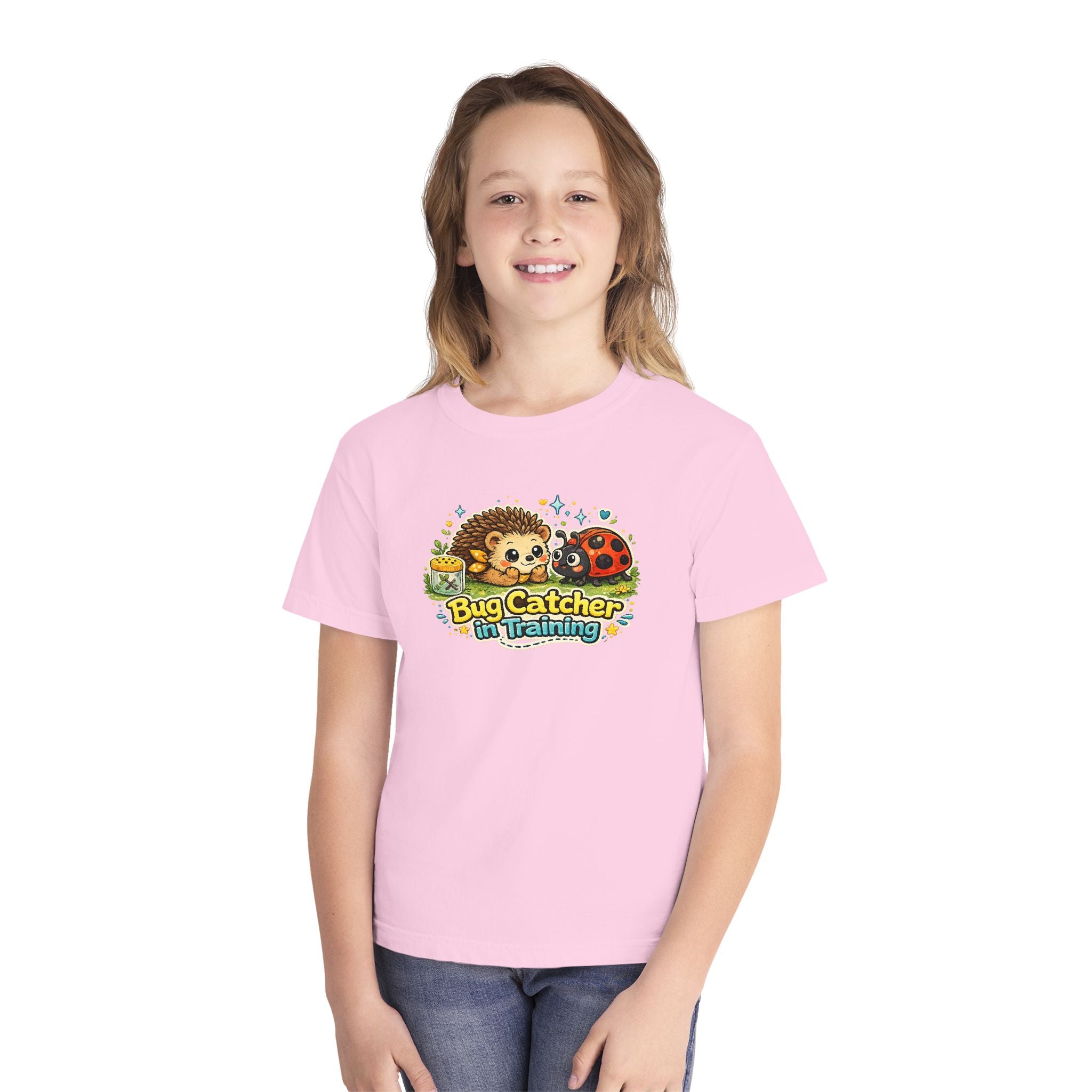 Youth Tee "Bug Catcher in Training" Cute Hedgehog & Ladybug Kids T-Shirt Girls & Boys
