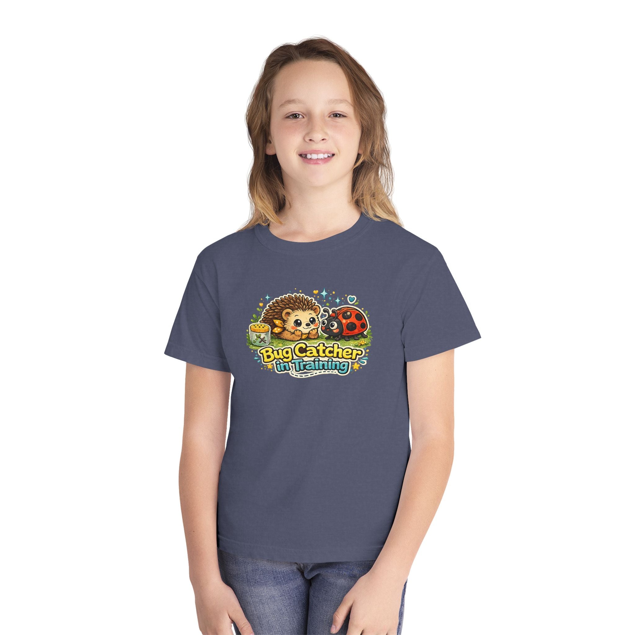Youth Tee "Bug Catcher in Training" Cute Hedgehog & Ladybug Kids T-Shirt Girls & Boys