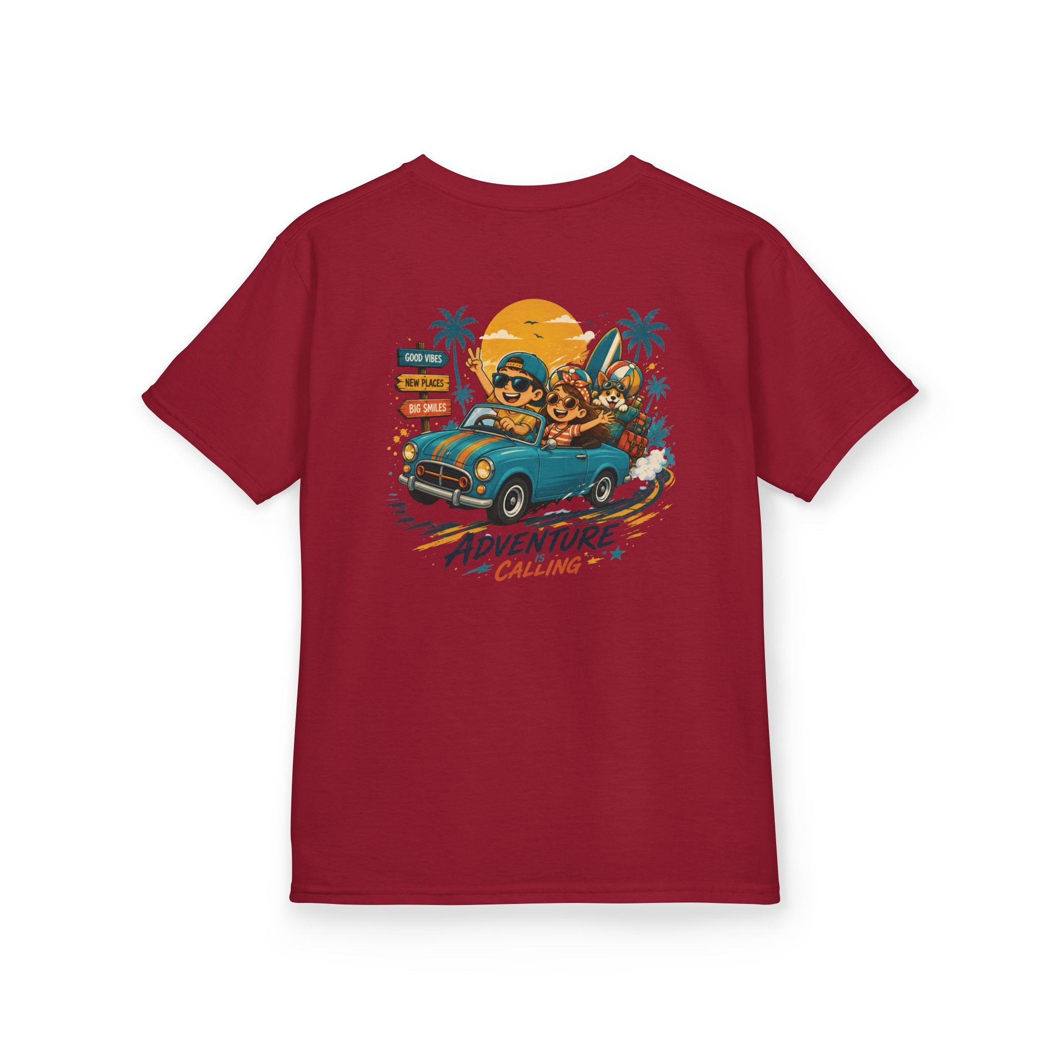 Boys Tee "Adventure Calling" Vintage Tropical Car & Sunset Graphic