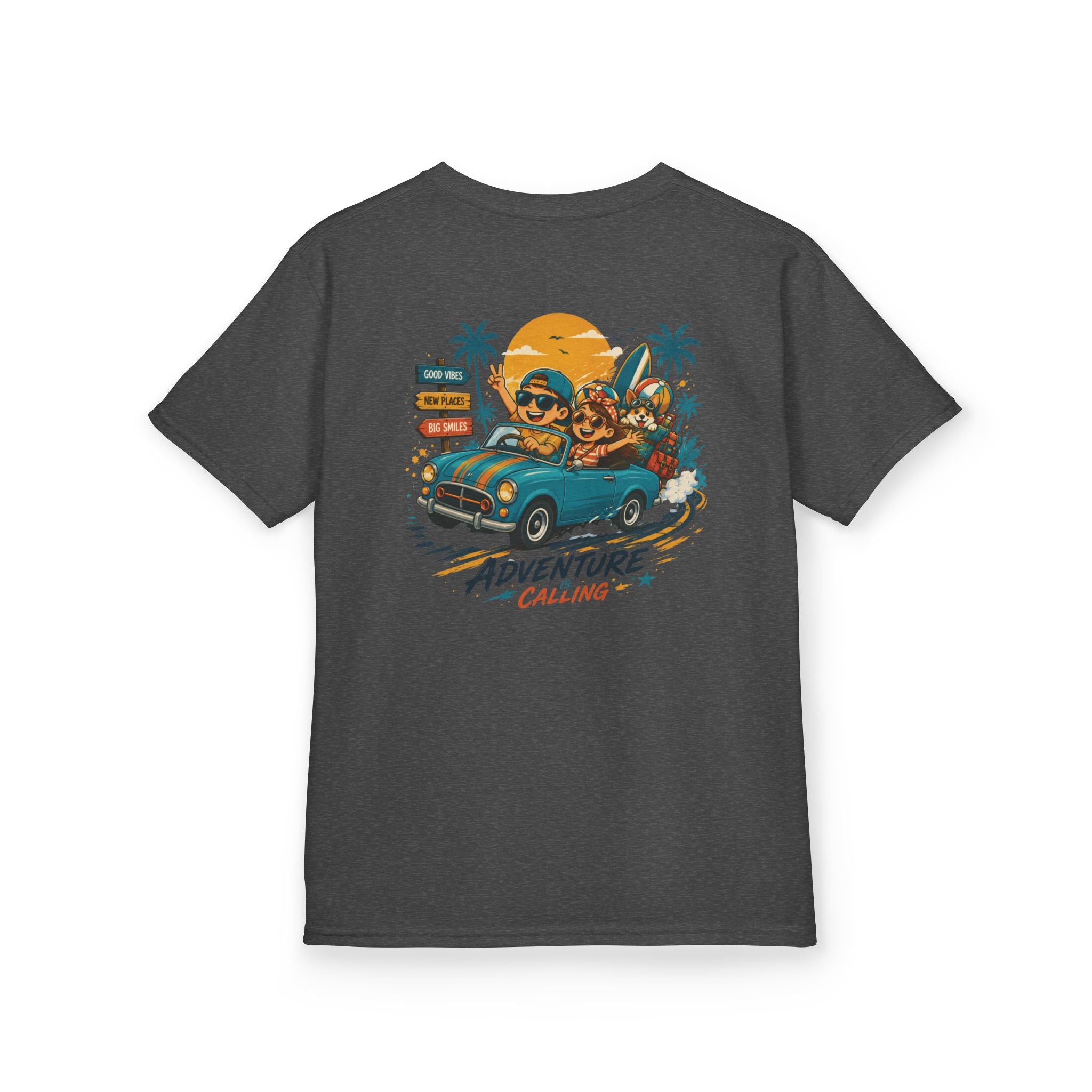Boys Tee "Adventure Calling" Vintage Tropical Car & Sunset Graphic