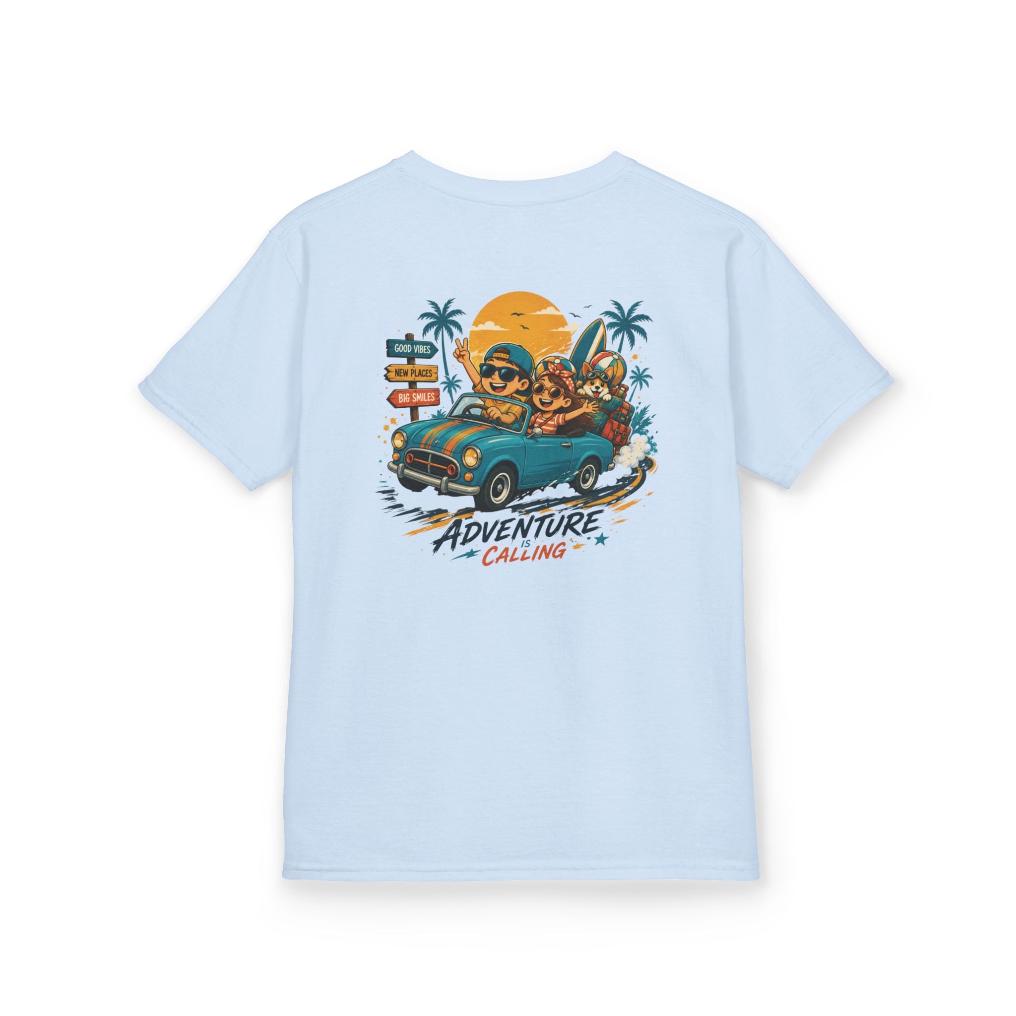 Boys Tee "Adventure Calling" Vintage Tropical Car & Sunset Graphic