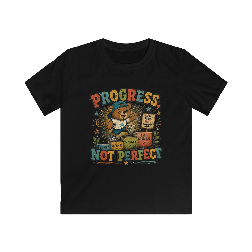 Kids Tee "Progress Not Perfect" Motivational Bear Shirt