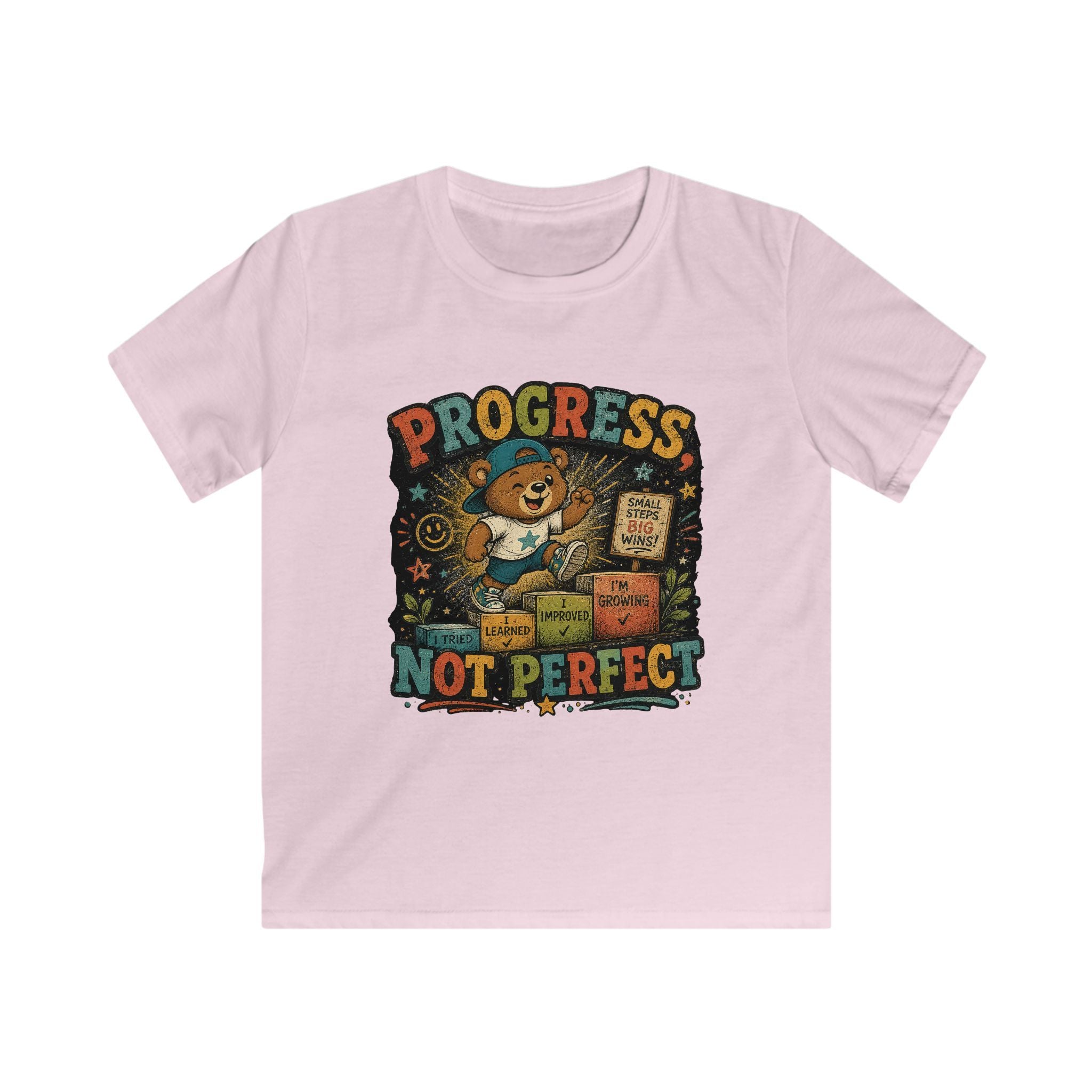 Kids Tee "Progress Not Perfect" Motivational Bear Shirt
