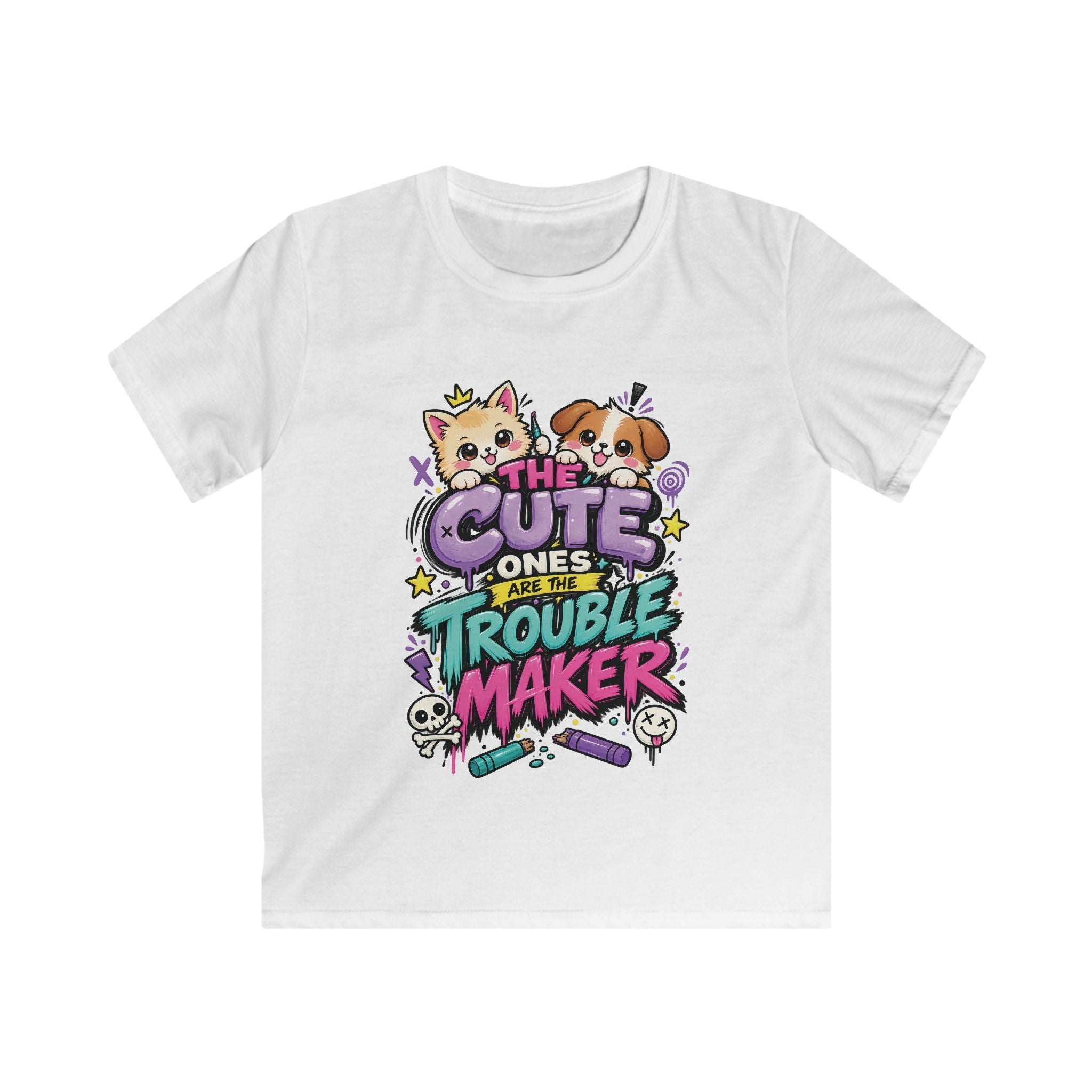 Cute Puppy & Kitten "The Cute Ones Are The Trouble Maker" Graphic Girls T-Shirt