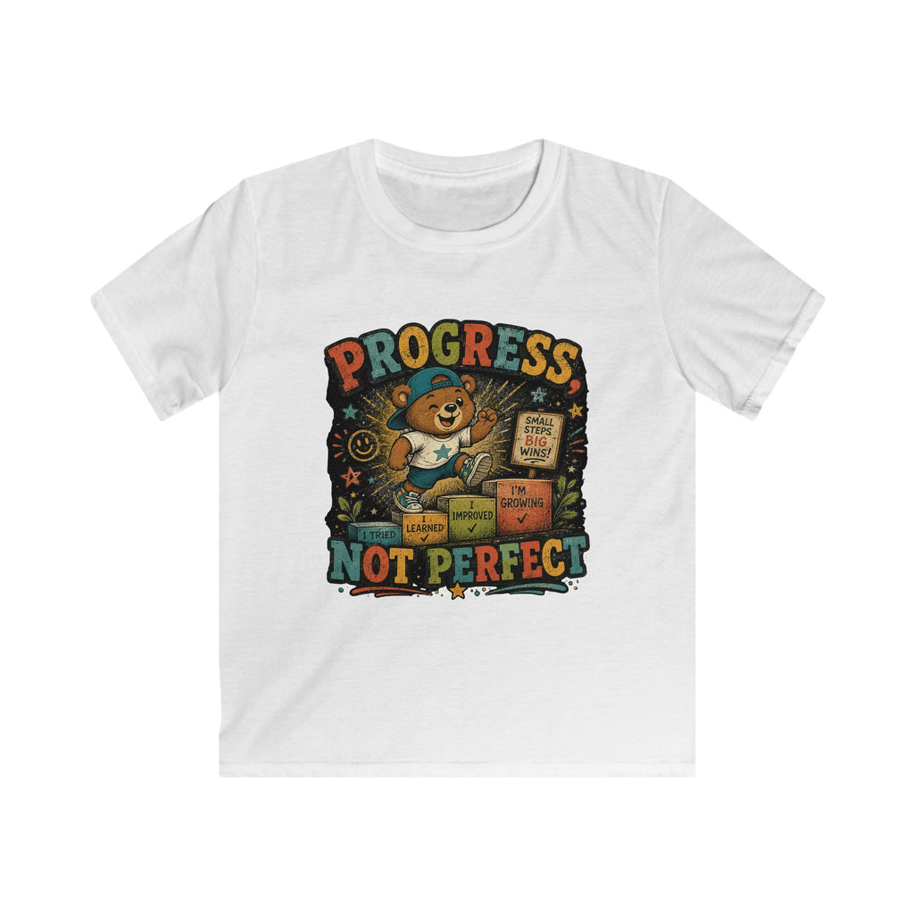 Kids Tee "Progress Not Perfect" Motivational Bear Shirt