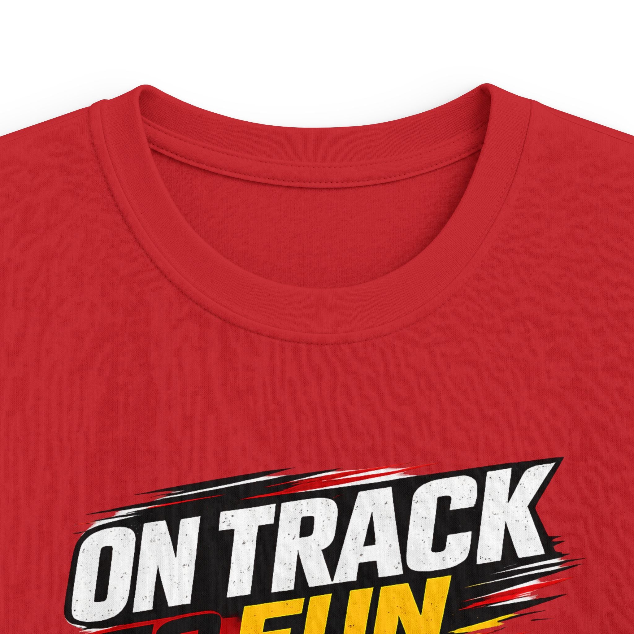 Kids Racing Tee "On Track to Fun" Red Race Car Shirt for Boys and Girls