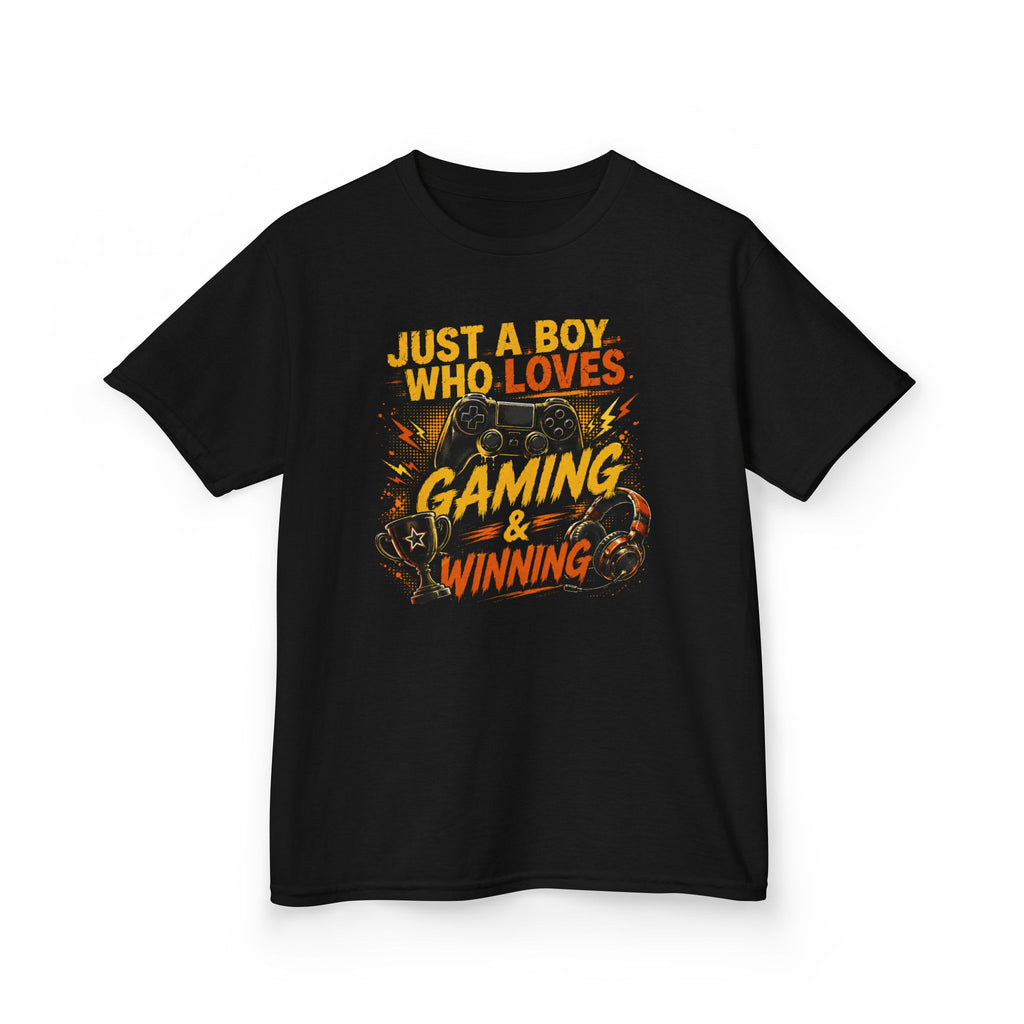 Just a Boy Who Loves Gaming & Winning Graphic kids Gamer T-Shirt Design