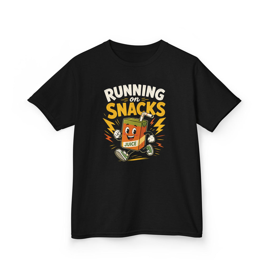 Funny Kids T-Shirt "Running on Snacks" Cartoon Juice Box Tee