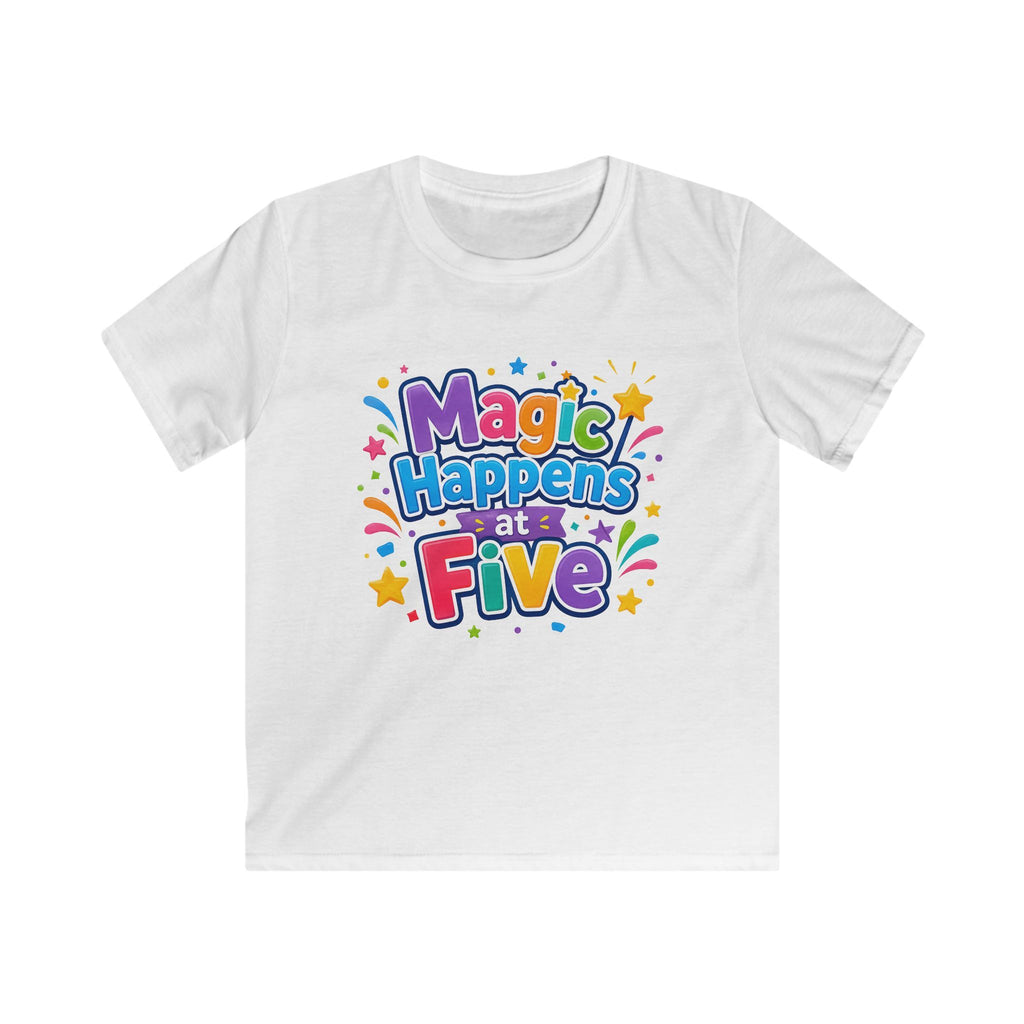 Kids Tee "Magic Happens at Five" Colorful Birthday Shirt