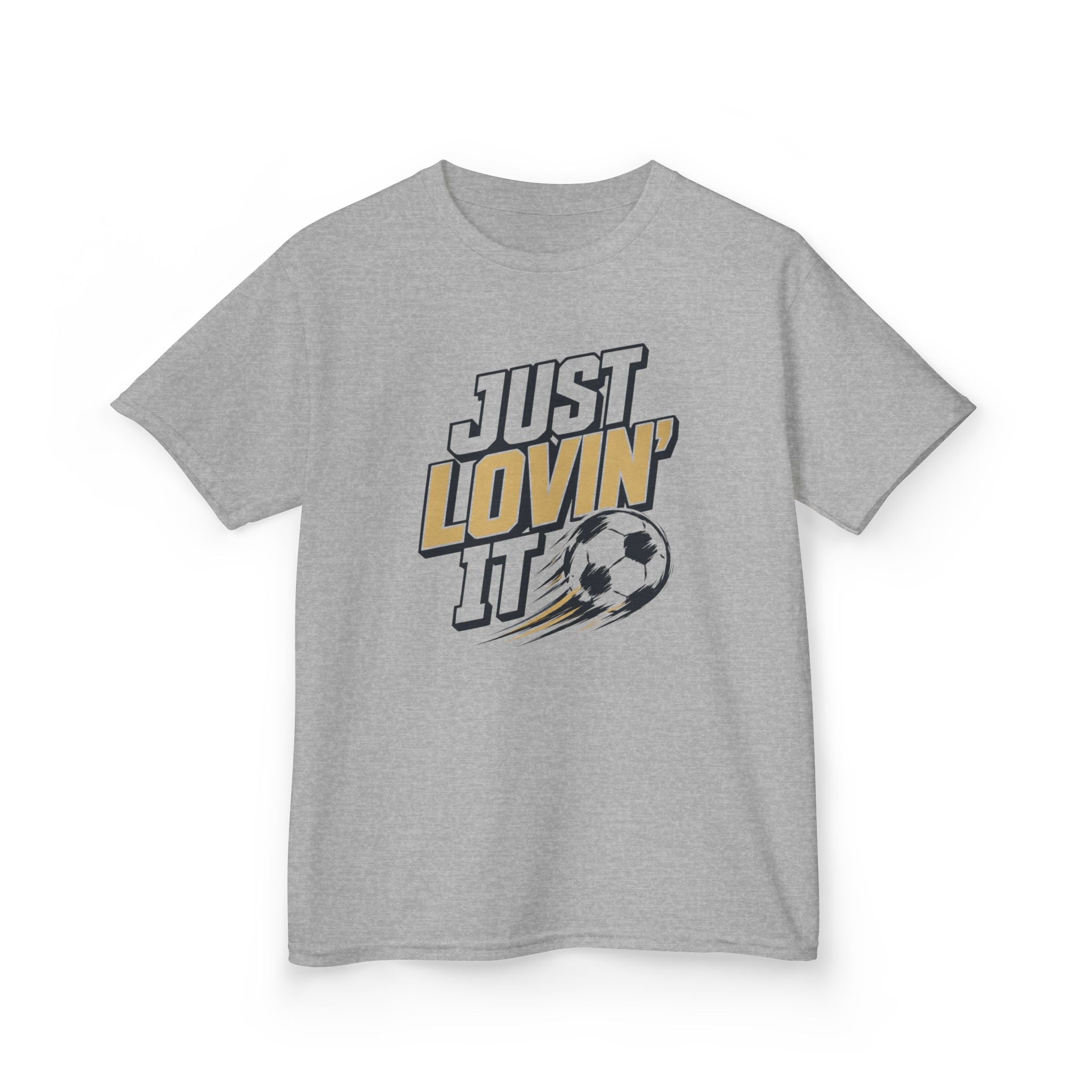 Just Lovin' It Soccer T-Shirt Design | Bold Sports Typography Graphic | Kids Soccer Lover Tee | Soccer Ball SVG Style Graphic