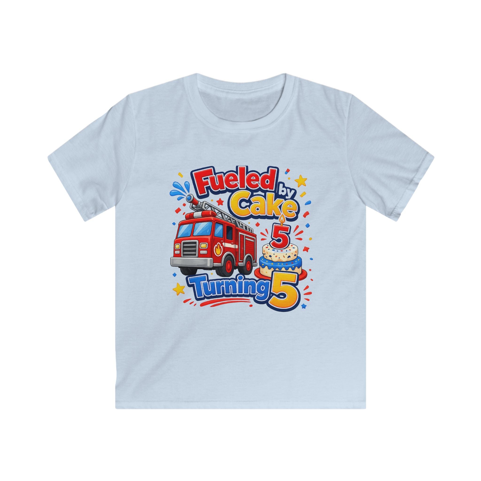 Kids Birthday T‑Shirt 'Fueled by Cake Turning 5' Fire Truck Tee