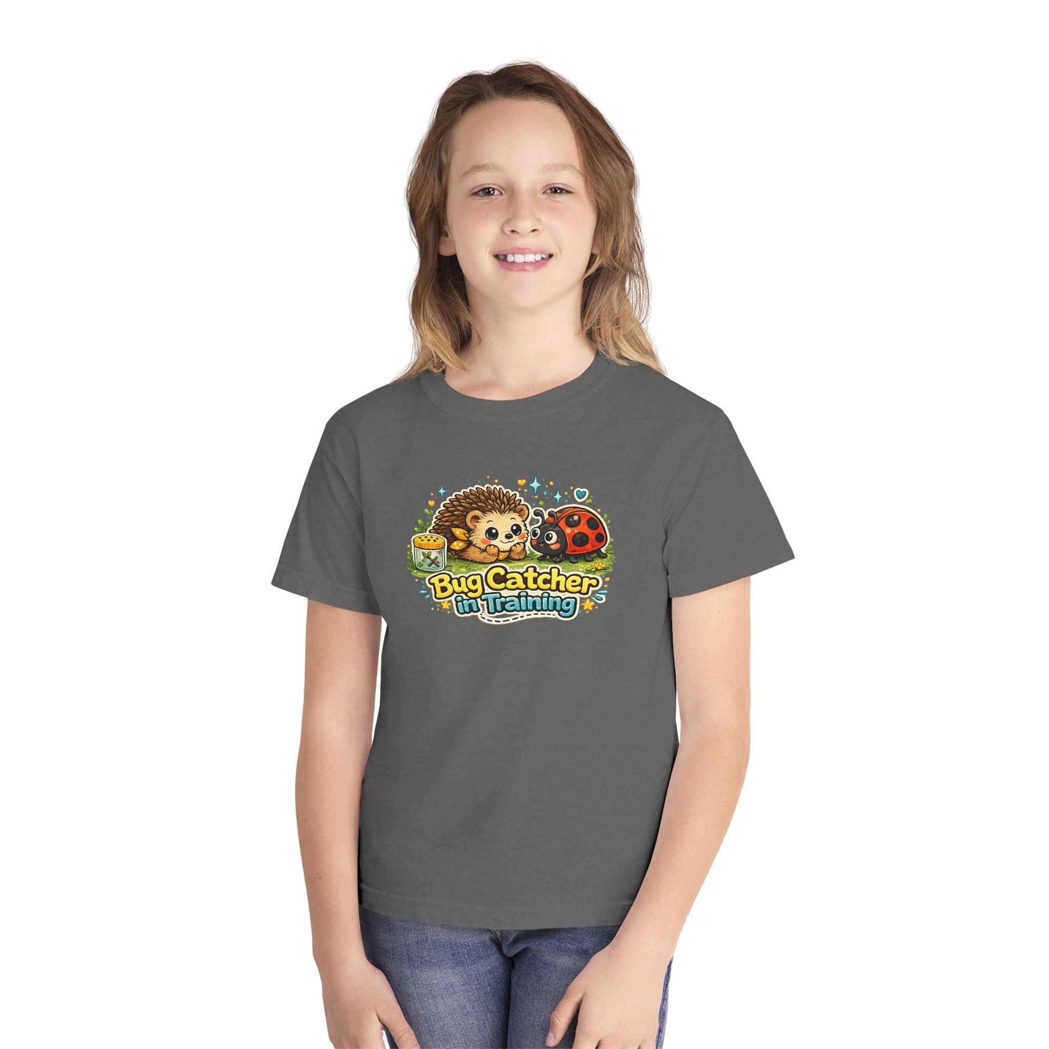 Youth Tee "Bug Catcher in Training" Cute Hedgehog & Ladybug Kids T-Shirt Girls & Boys