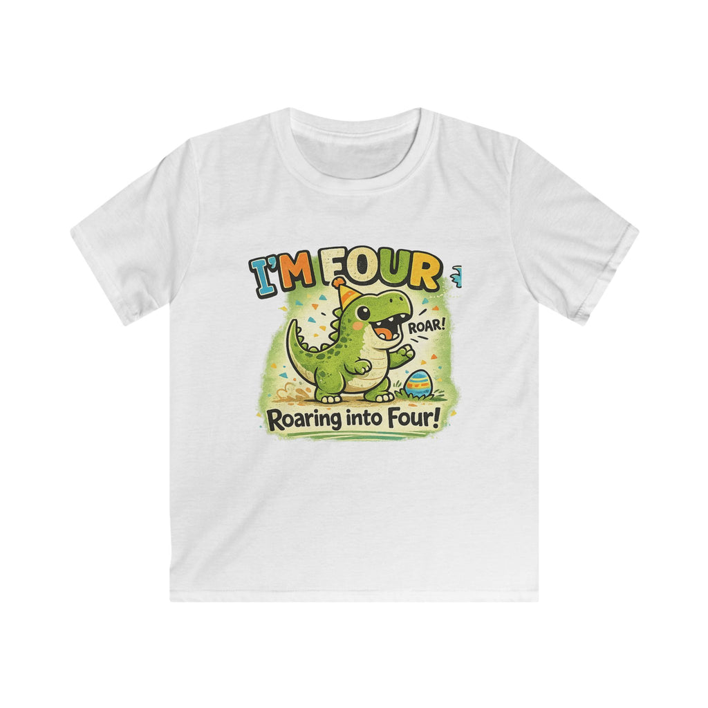 Kids Tee "I’m Four" Roaring Dinosaur Birthday Shirt