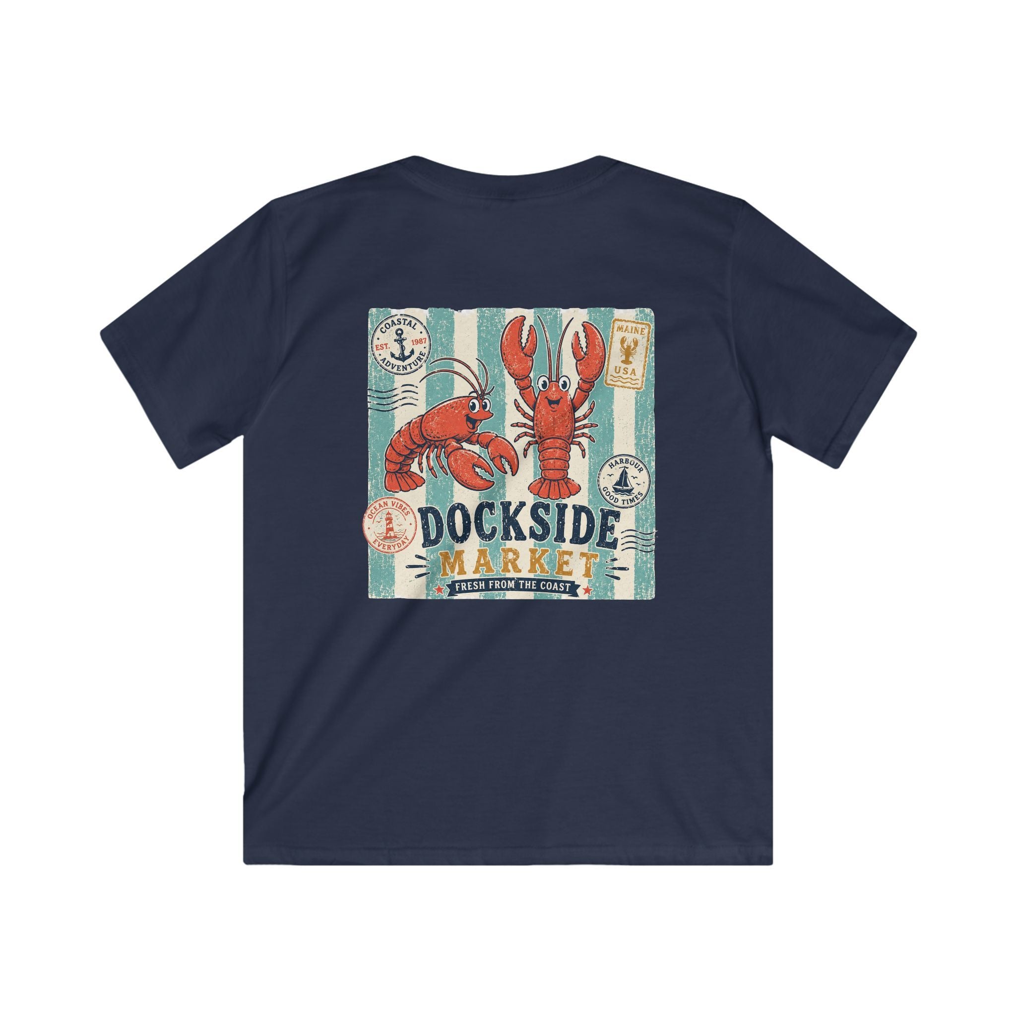 "Dockside Market" Kids Tee Retro Lobster Beach Graphic T-Shirt