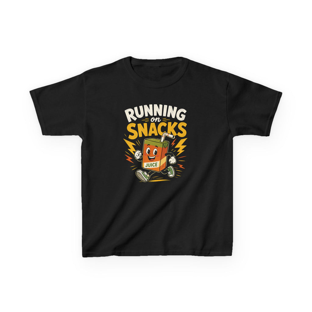 Funny Kids T-Shirt "Running on Snacks" Cartoon Juice Box Tee