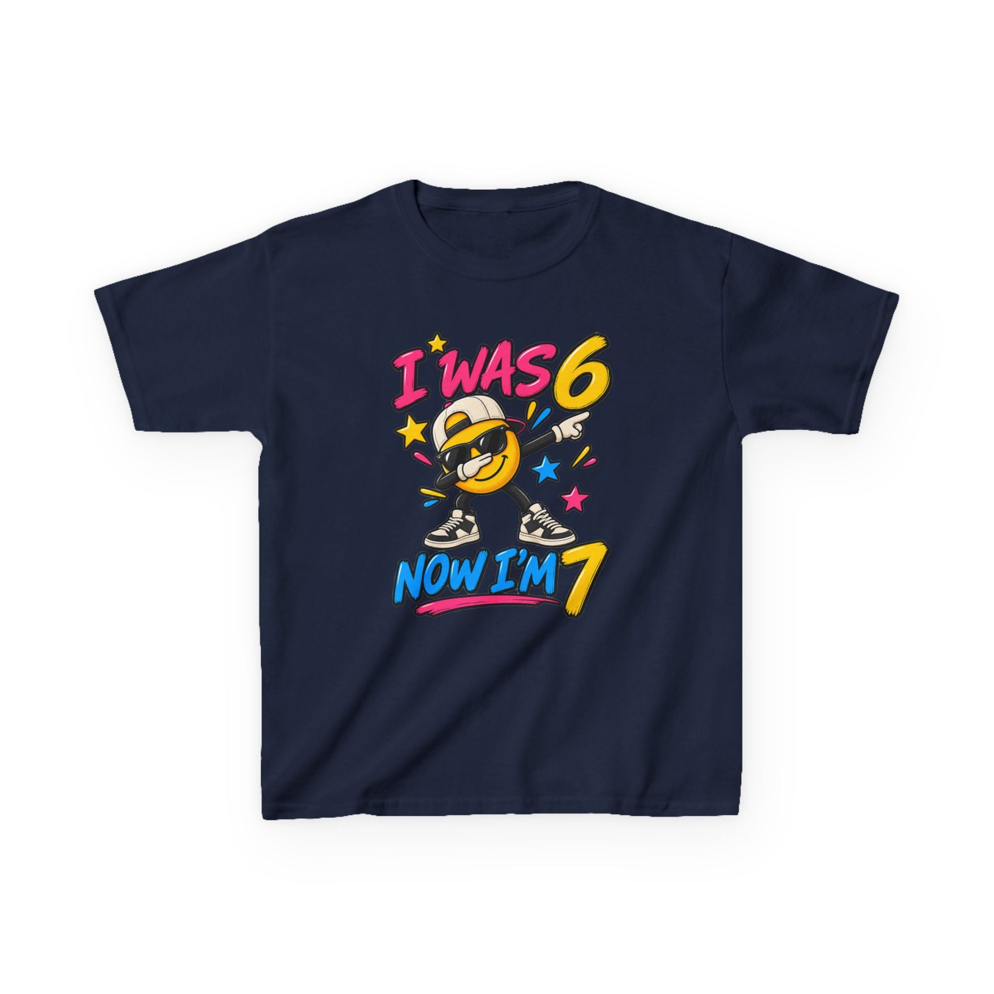 Kids 7th Birthday T‑Shirt "I Was 6 Now I'm 7" Cool Emoji Design