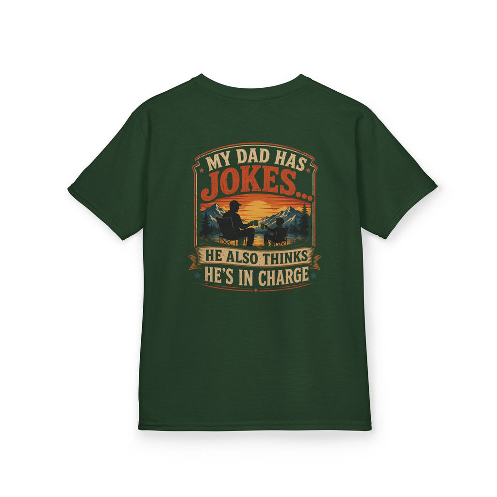 Kids Tee “My Dad Has Jokes… He Also Thinks He’s In Charge” Family Father’s Day Shirt