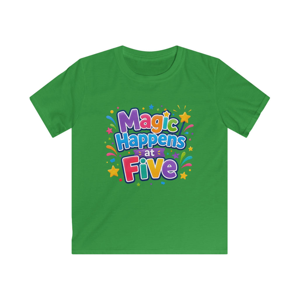 Kids Tee "Magic Happens at Five" Colorful Birthday Shirt