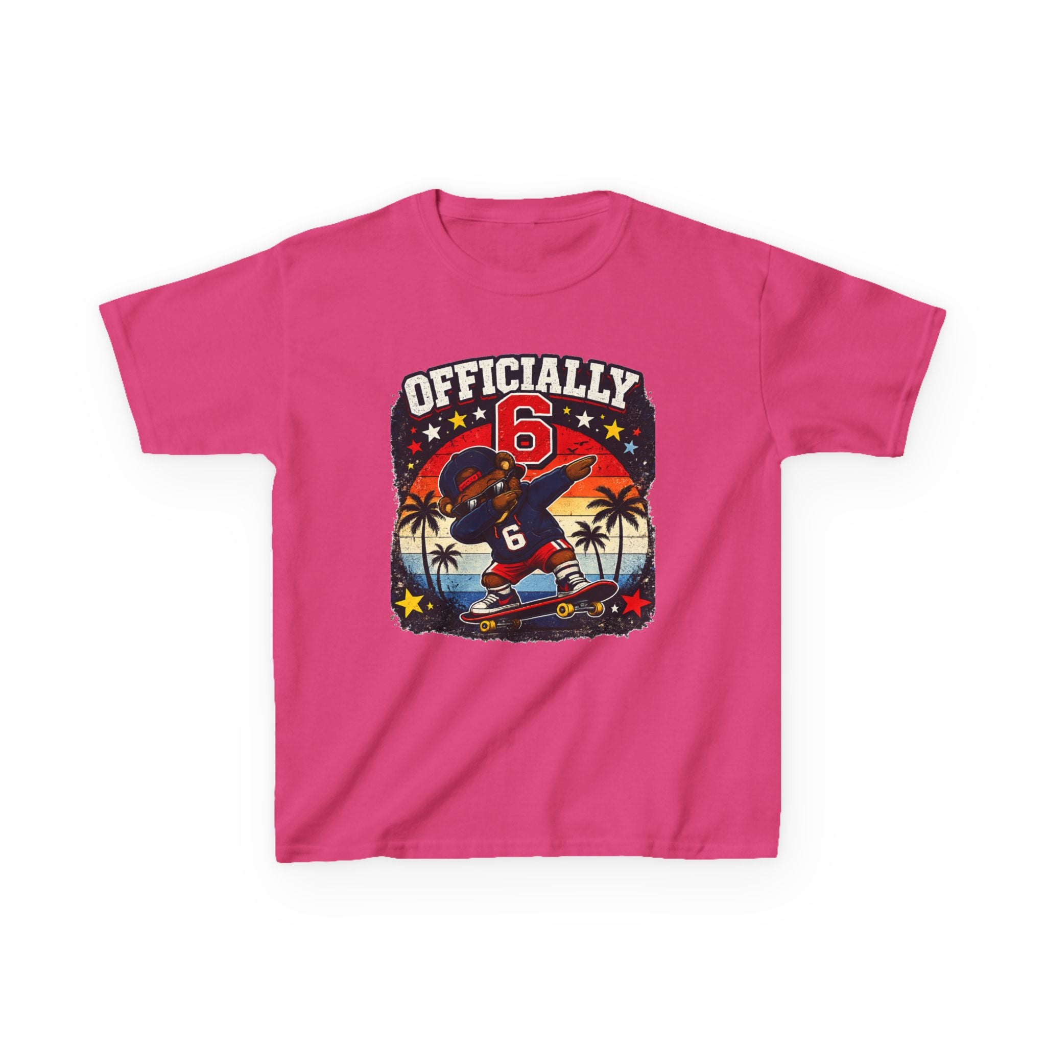 Kids Tee  "Officially 6" Skateboard Birthday Shirt with Palm Sunset
