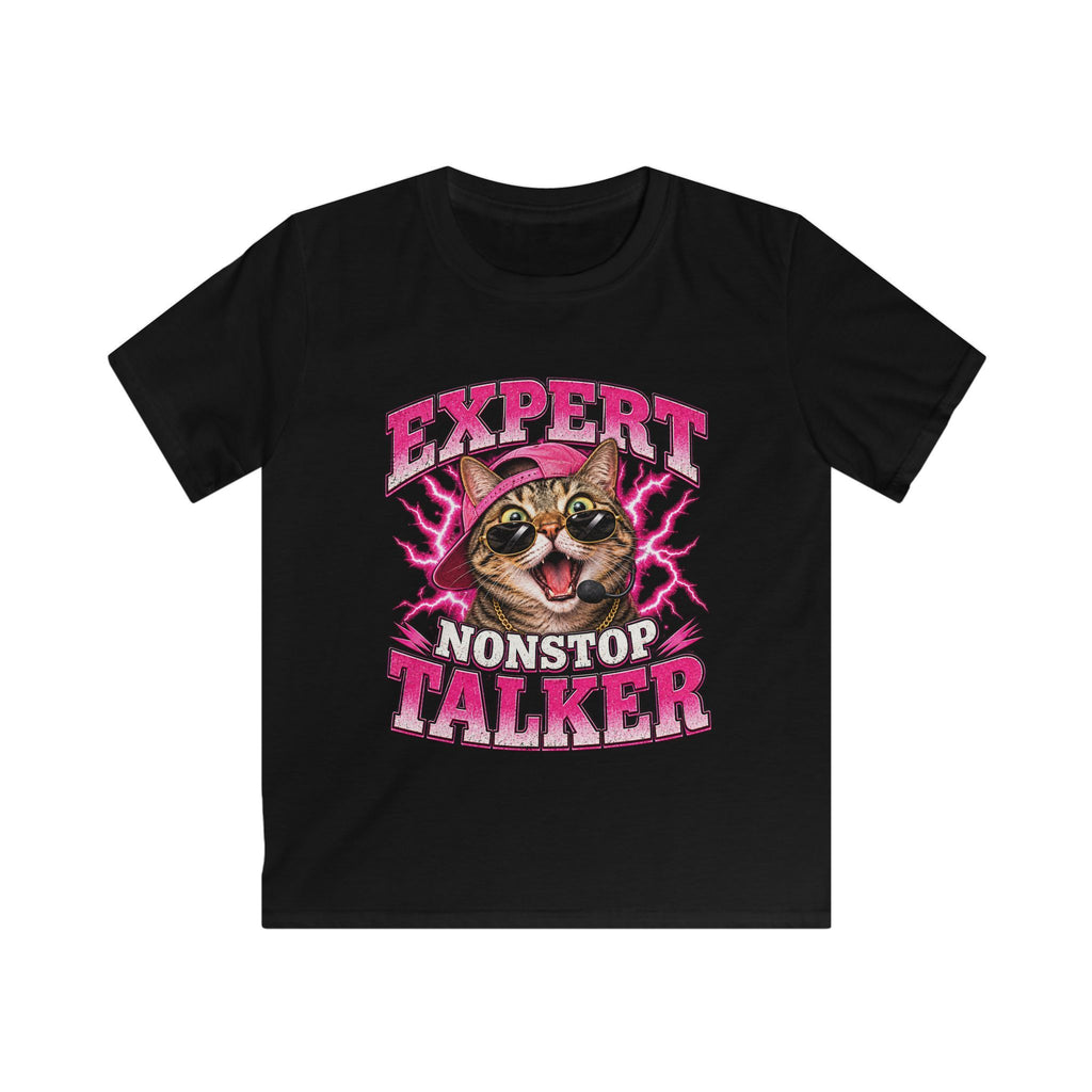 Expert Nonstop Talker Kids T‑Shirt Funny Cat Graphic Tee for Chatty Girls