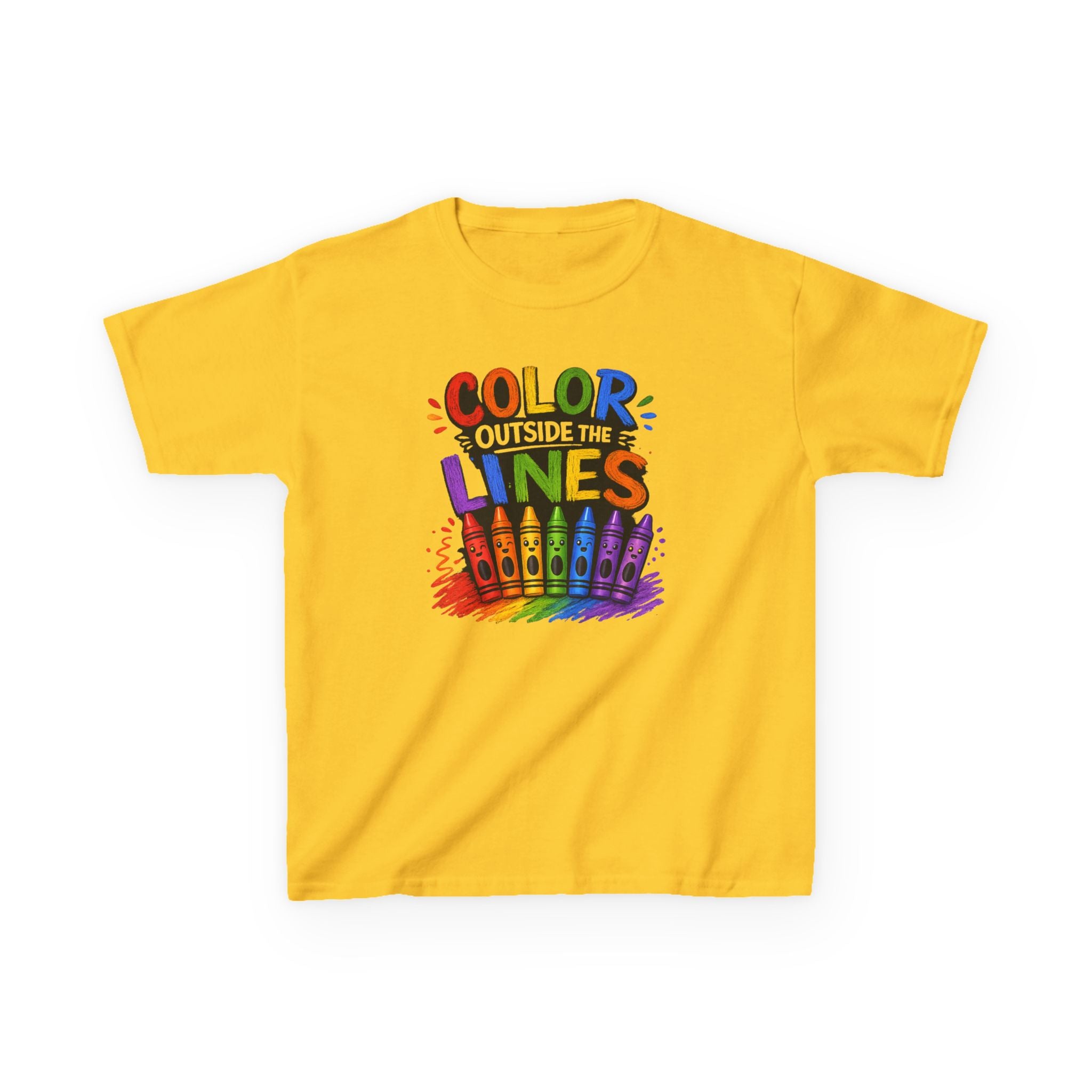 Kids "Color Outside the Lines" Graphic T-Shirt Rainbow Crayon Art Tee