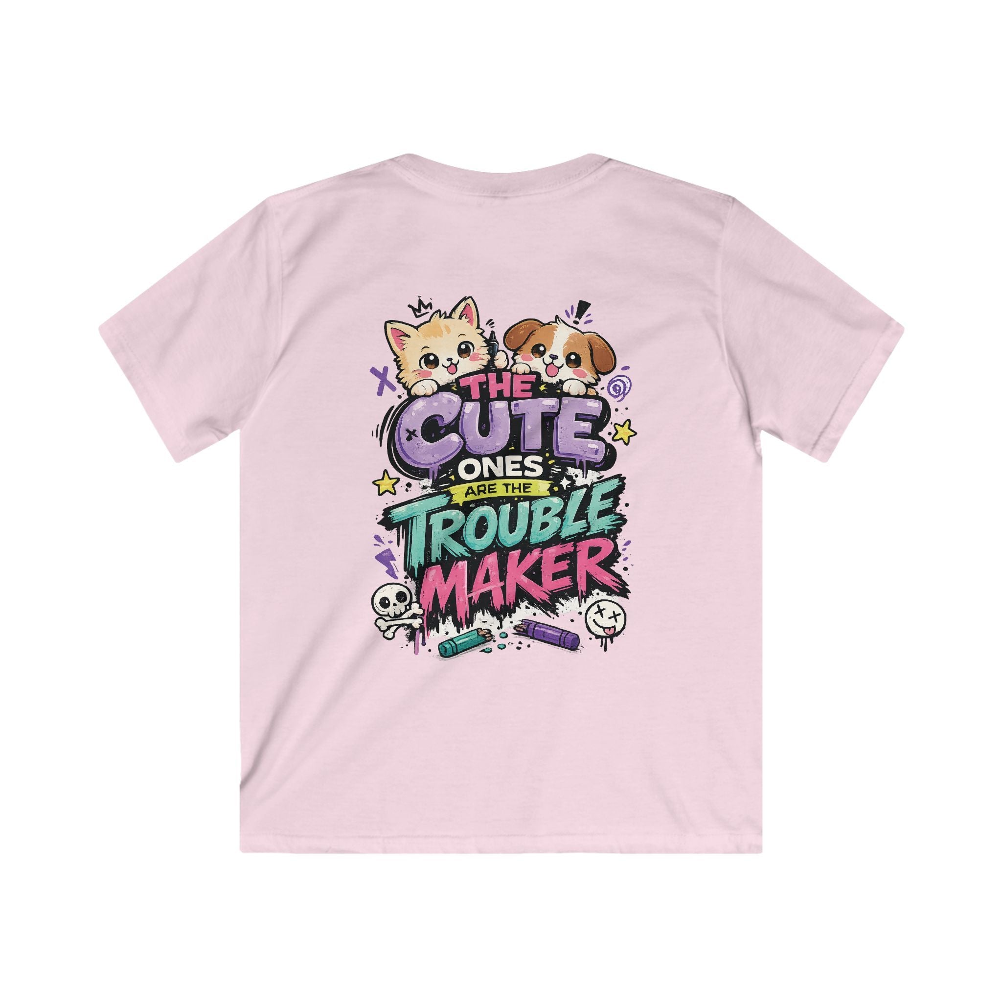 Cute Puppy & Kitten "The Cute Ones Are The Trouble Maker" Graphic Girls T-Shirt